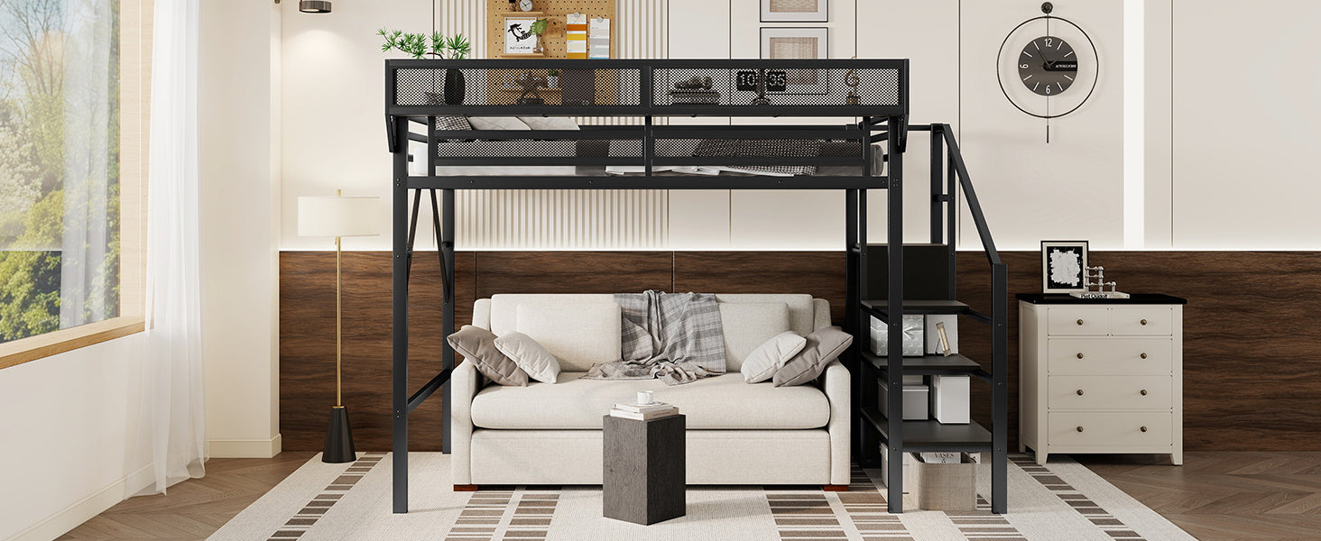 Twin XL Size Loft Bed with Stairs, Metal Full Loft Bed with Storage Shelves, High Loft Bed with Wardrobe for Kids Teens, Black(Expect Arrival Date 2025/10/14)
