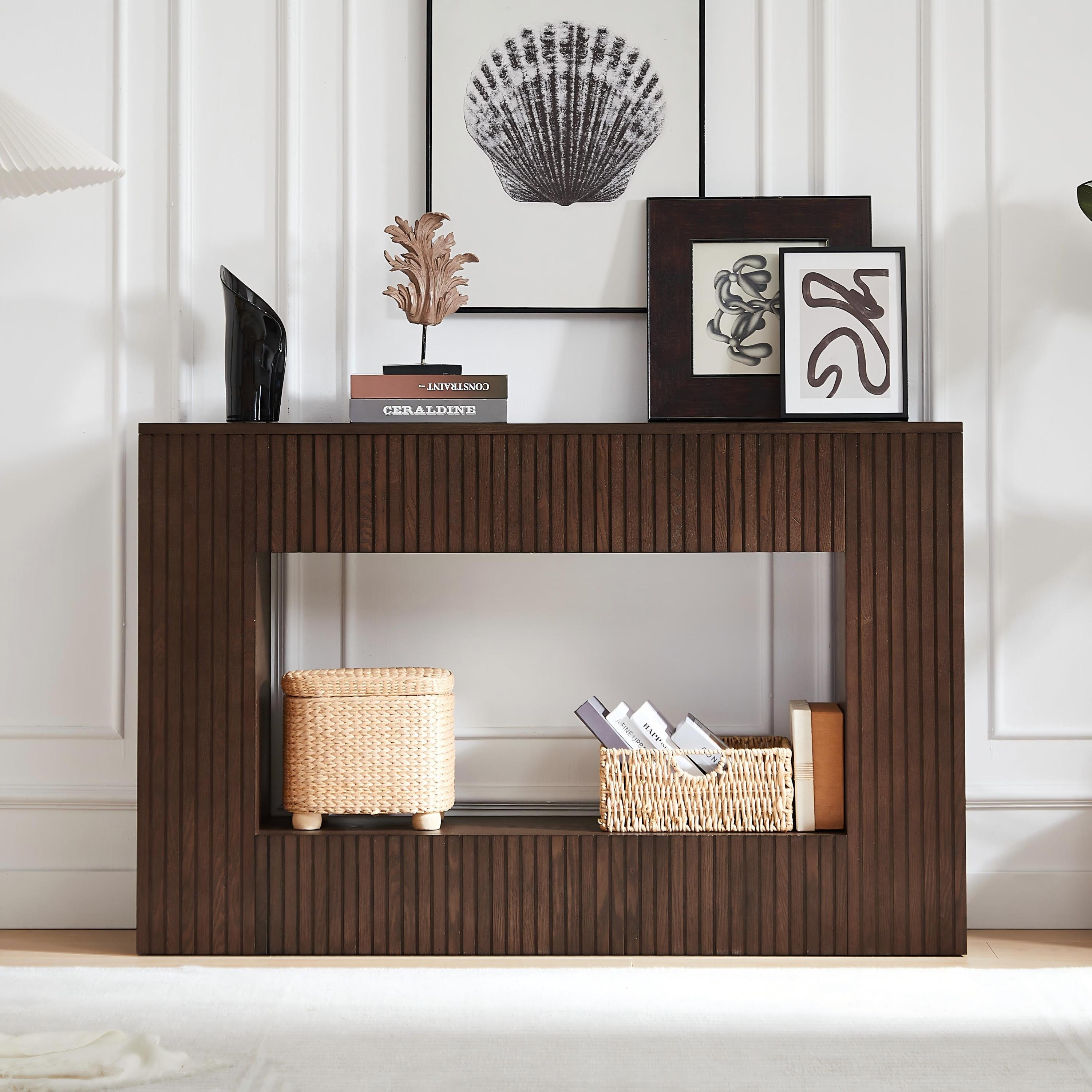 55' Modern Slatted Console Table, Narrow Entryway Table for Living Room or Hallway