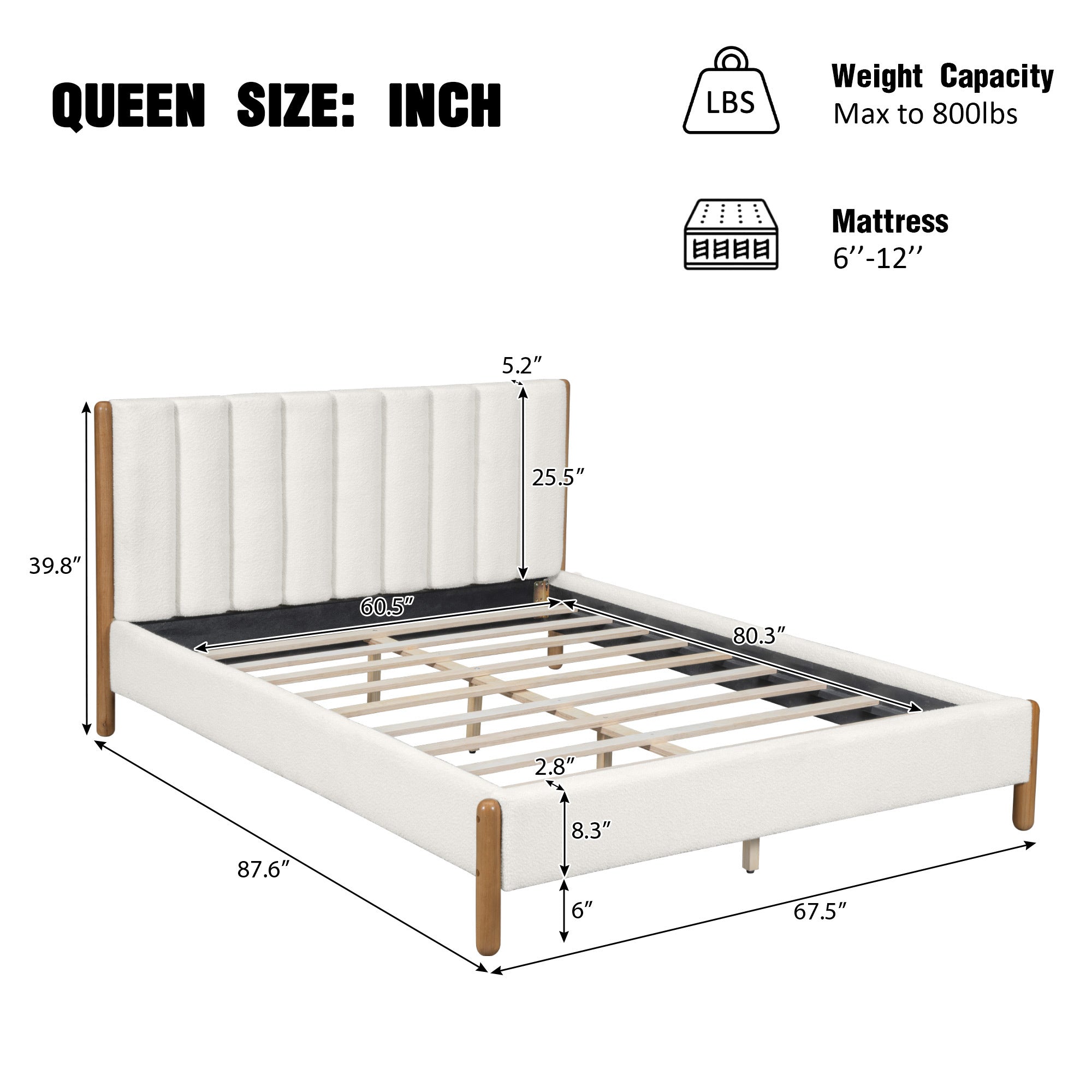 Queen Size Bed Frame with Boucle Upholstered Thick Headboard, Solid Wooden Legs, White