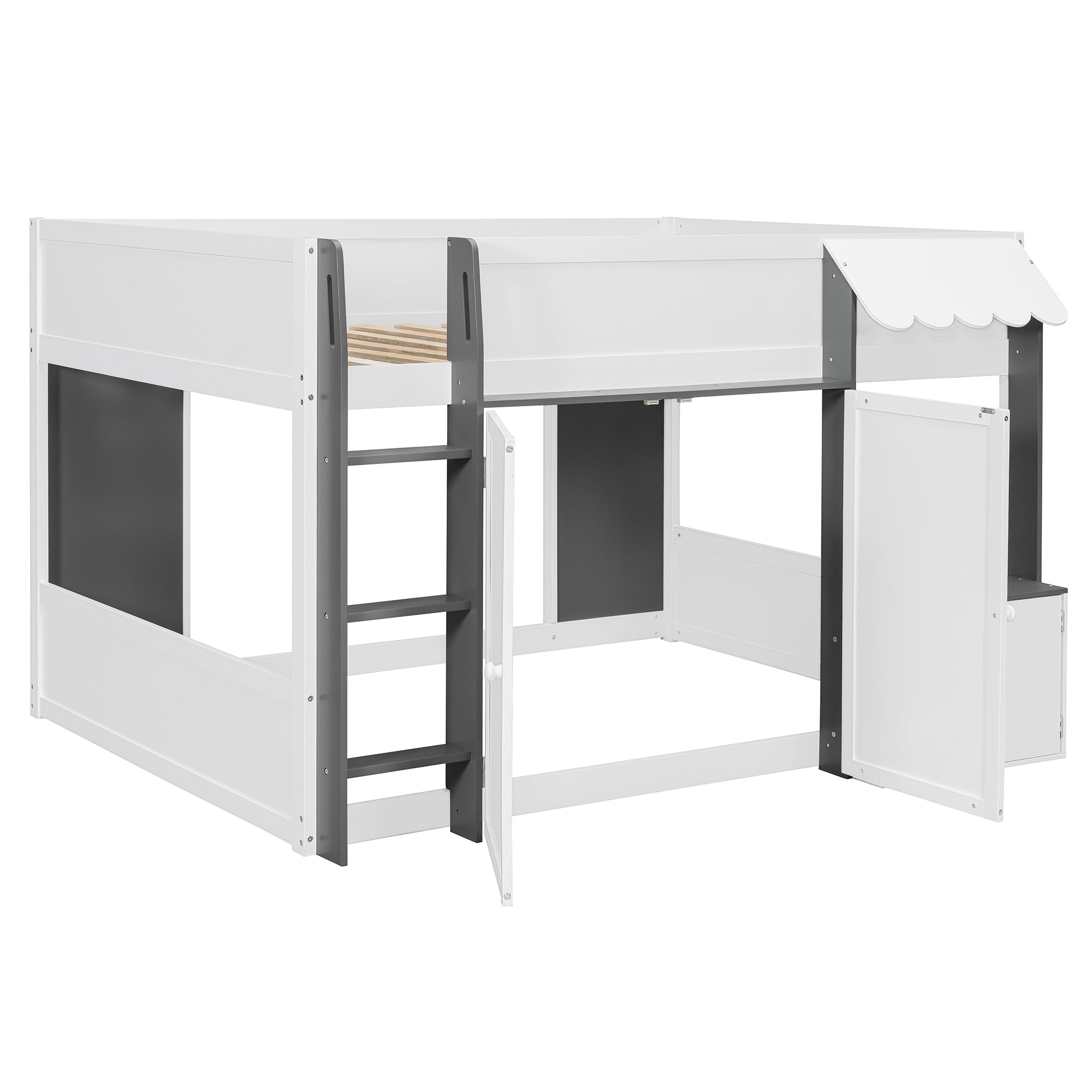 Full Loft House Bed with Playhouse & Storage, Modern Wood Cabin Bed for Kids/Teens, White+Gray