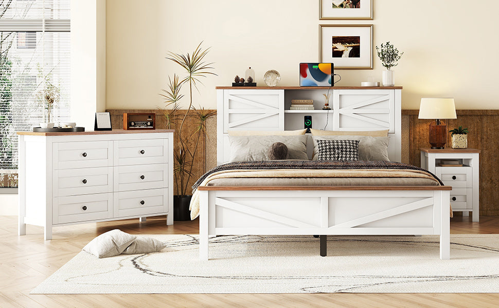 3-Pieces Bedroom Sets Queen Size  Farmhouse Platform Bed with Double Sliding Door Storage Headboard, Storage Nightstand and Dresser, White+Brown(Old SKU HL000092AAK)