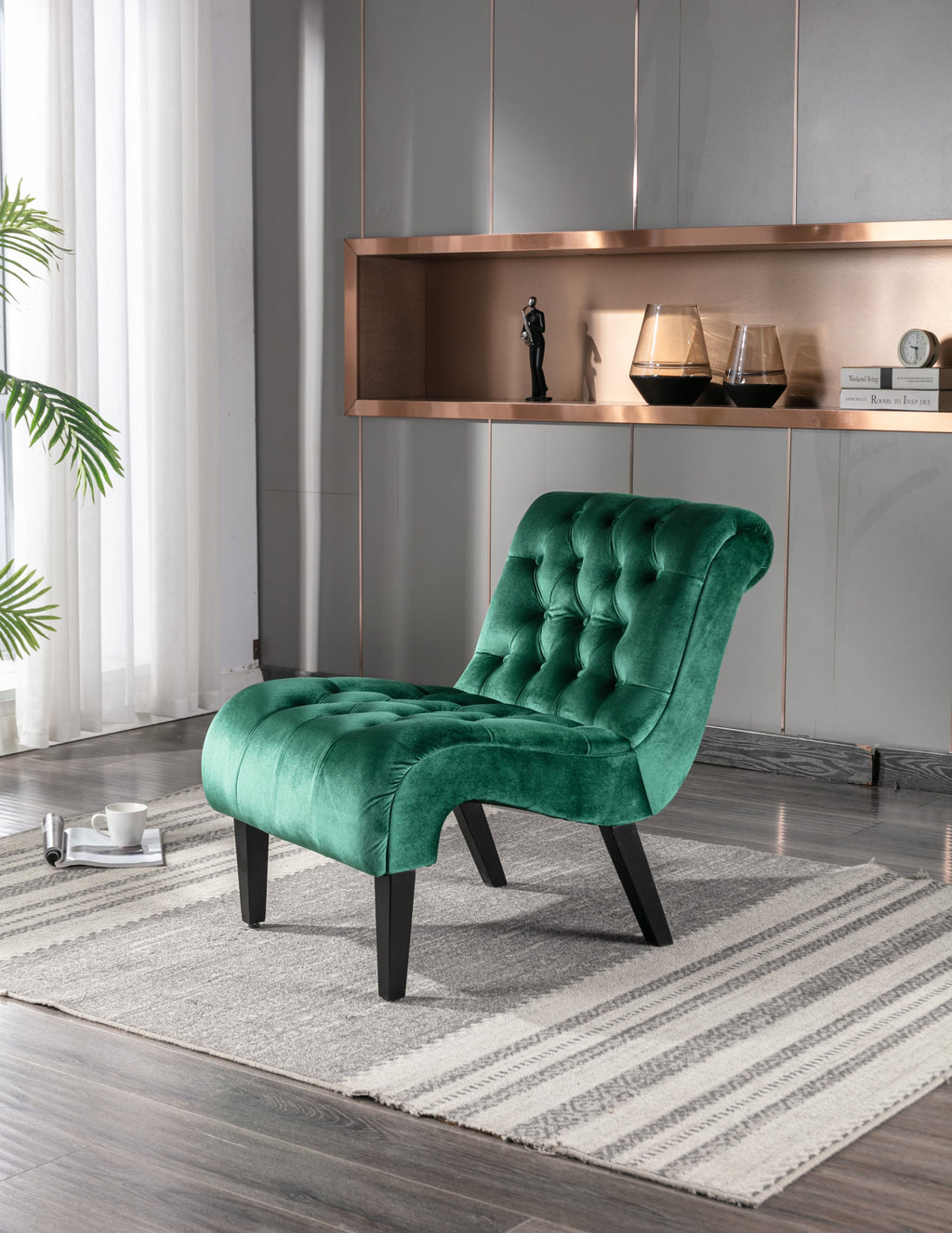 COOLMORE Modern Velvet Armless Accent Living Room Chair / Leisure Chair,Upholstered Fabric Button Comfortable Chair with Wooden Legs for Bedroom, Living Room, Office (Green Velvet)
