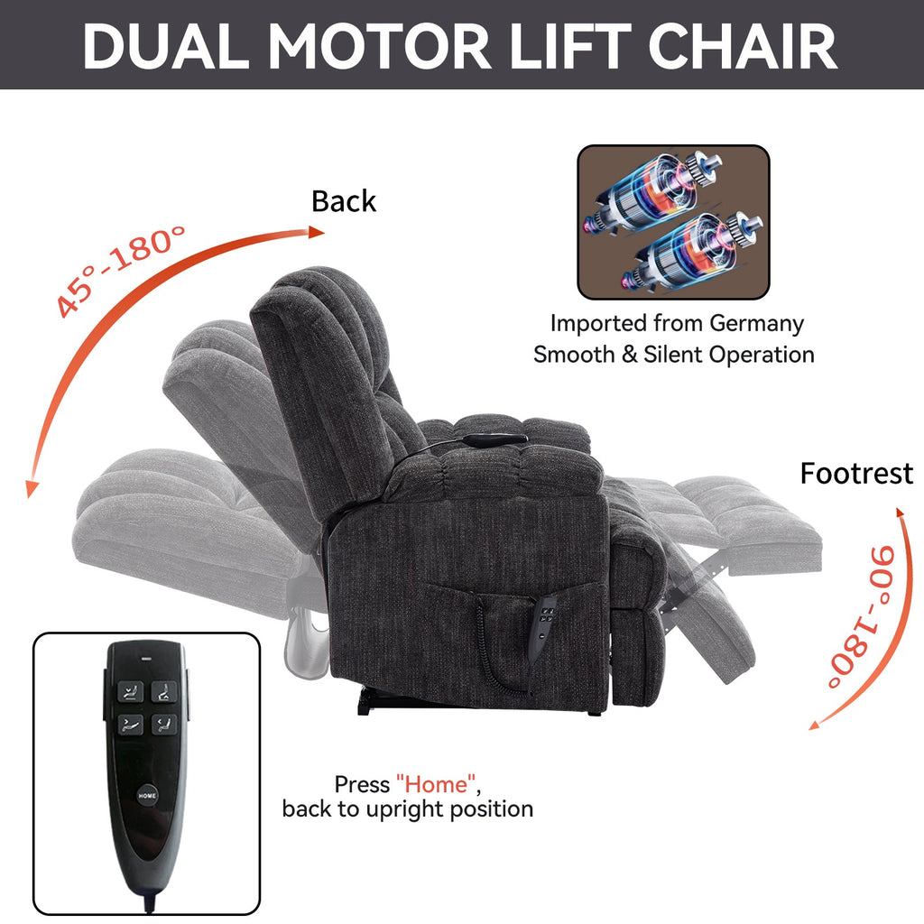Dual Motor Heat Massage Infinite Position Up to 350 LBS Electric Power Lift Recliners with Power-Remote, Medium-firm and Heavy Duty, Grey