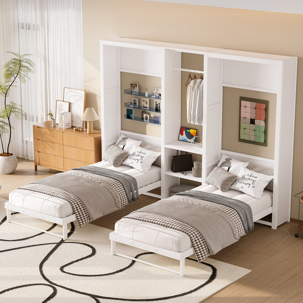 Twin and Twin Murphy Bed, Metal Foldable Murphy Bed with Wardrobe, Shelves and Power Outlets, 2 in 1 Design, Space-saving, White