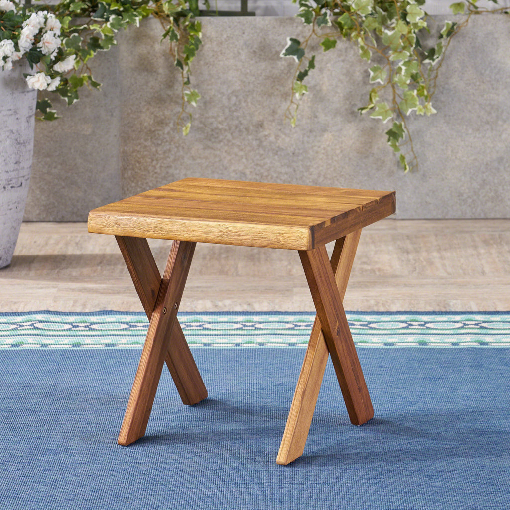 Passion Outdoor Side Table with Cross Base and Slatted Top, Teak