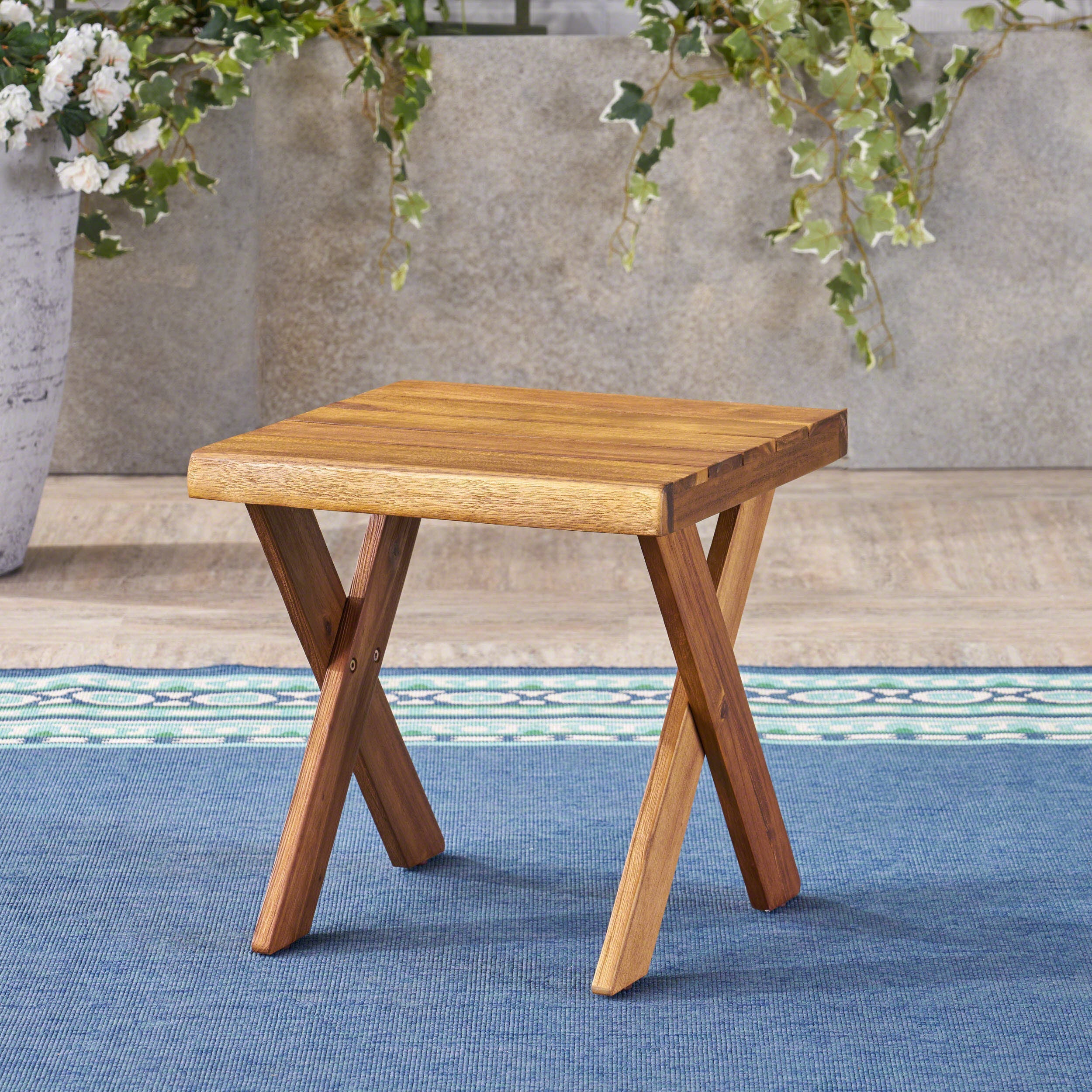 Passion Outdoor Side Table with Cross Base and Slatted Top, Teak