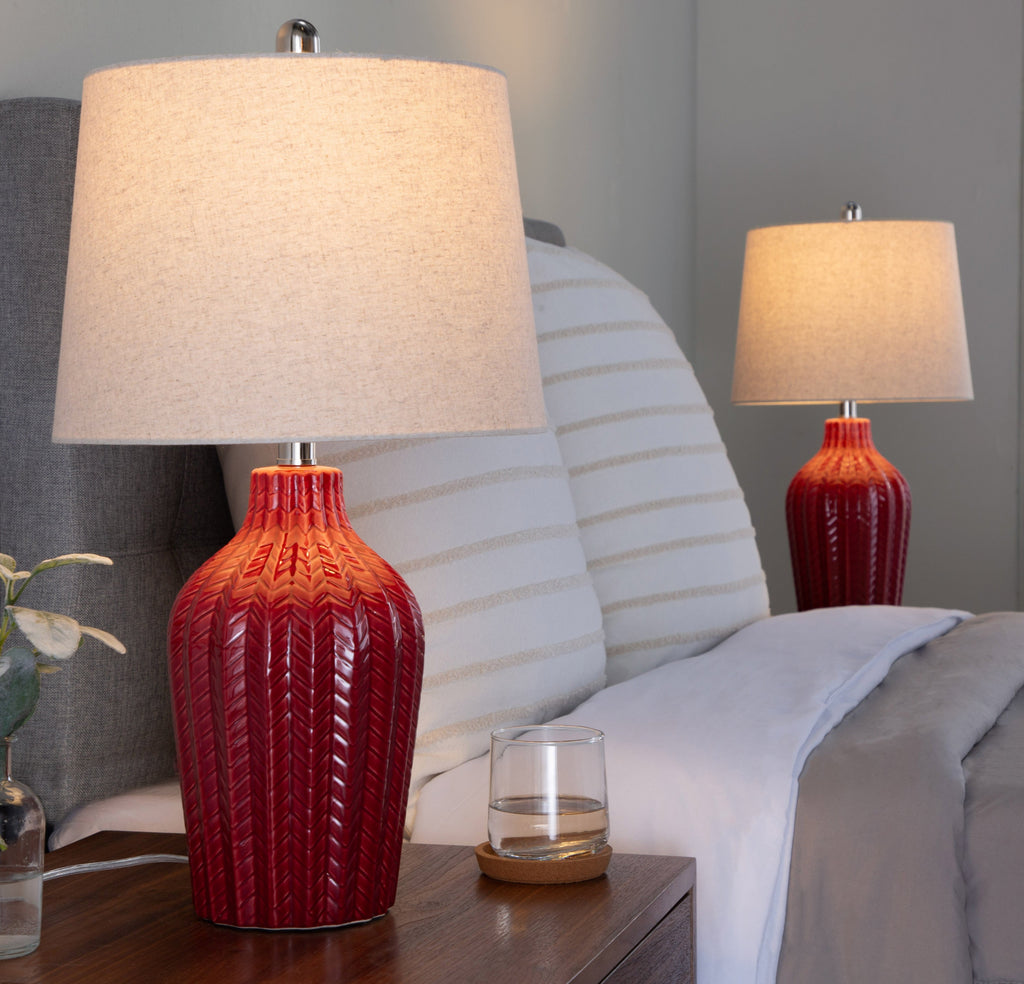 Rockwell 23' Contemporary Ceramic Table Lamp in Glossy Brick Red Ceramic, Polished Nickel and Natural Linen Shade from Grandview Gallery by LumiSource - Set of 2