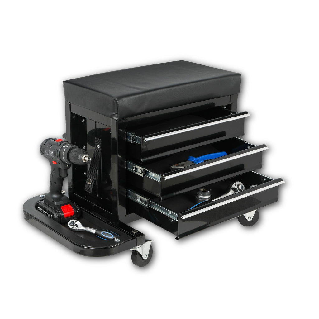 3-Drawer Tool Chest Rolling Mechanic Seat with Tool Trays,350lbs Max Weight Capacity,Black