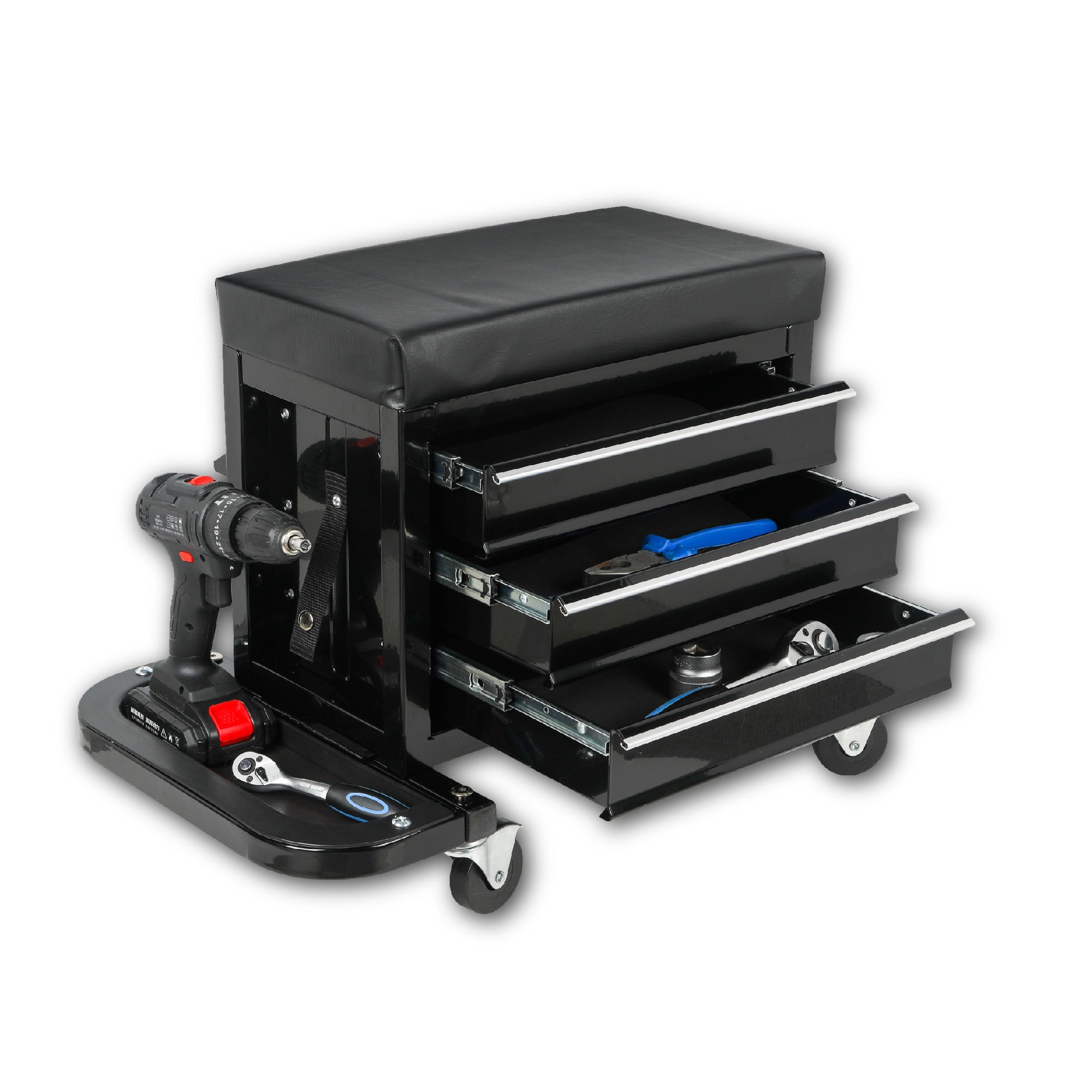 3-Drawer Tool Chest Rolling Mechanic Seat with Tool Trays,350lbs Max Weight Capacity,Black