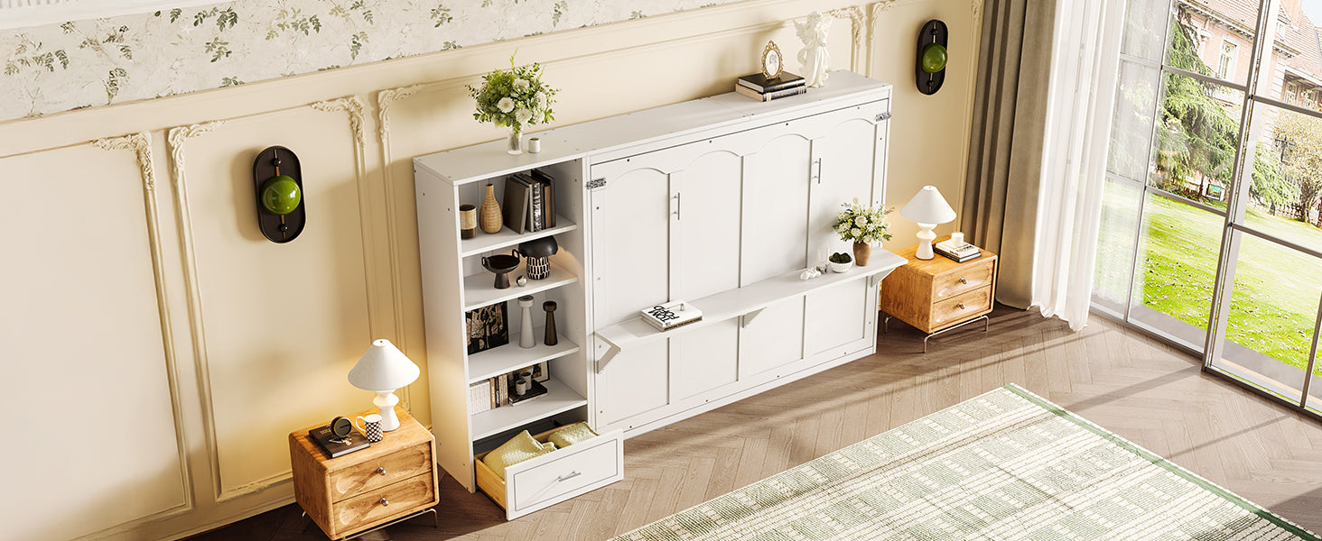 Queen Size Murphy Bed with Height Adjustable Storage Compartments and Shelf, Wall Bed Frame With 1 Drawer, Multifunctional Foldable Platform Bed for Small Space,Bedroom,Guest Room, White