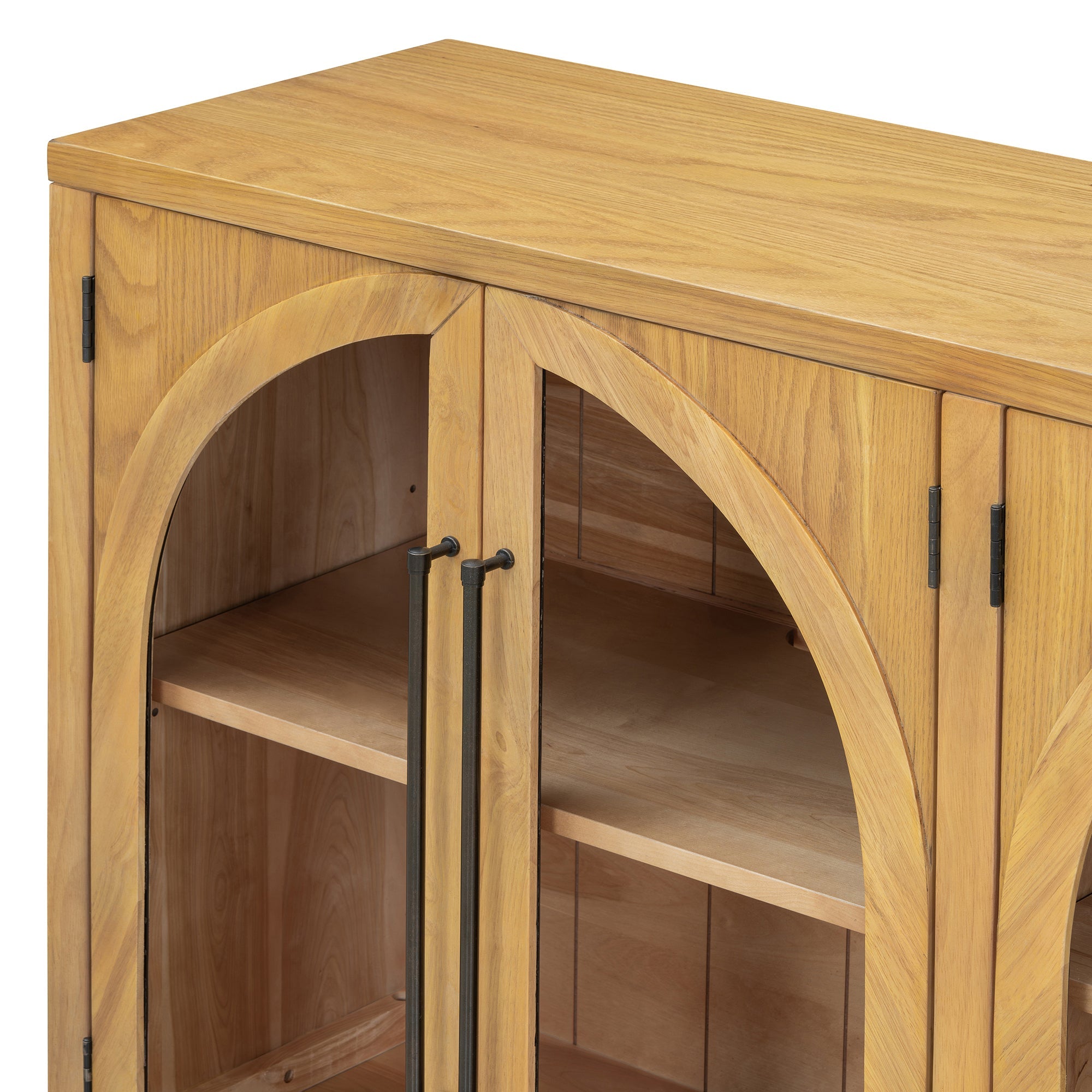 TREXM 4-Door Large Storage Sideboard Buffet Cabinet with Glass Doors, Arched Cabinet with Adjustable Shelves for Kitchen, Dining Room and Living Room (Natural Wood)