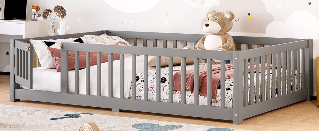 Full Size Bed Floor Bed with Safety Guardrails and Door for Kids, Gray(Old SKU: W1580P154626)