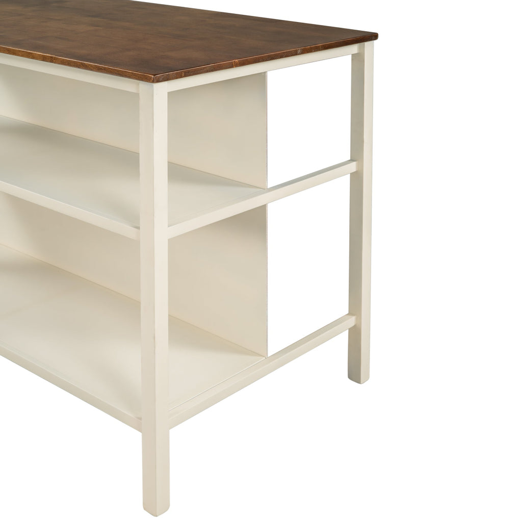 TOPMAX Rustic 3-piece Stationary Kitchen Island Set with Butcher Block and Seating, Walnut and Cream White