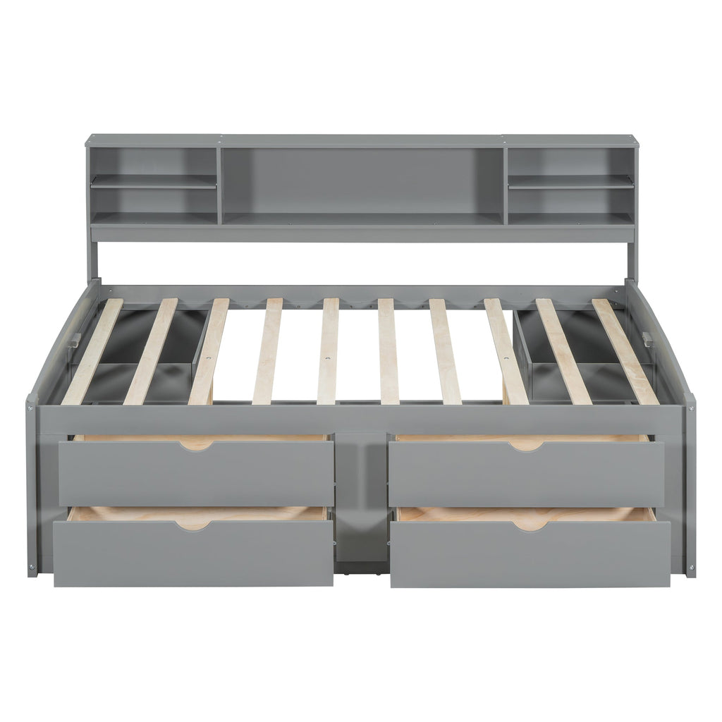 Full Size Wood Daybed with 2 Bedside Cabinets, Upper Shelves and 4 Drawers, Gray