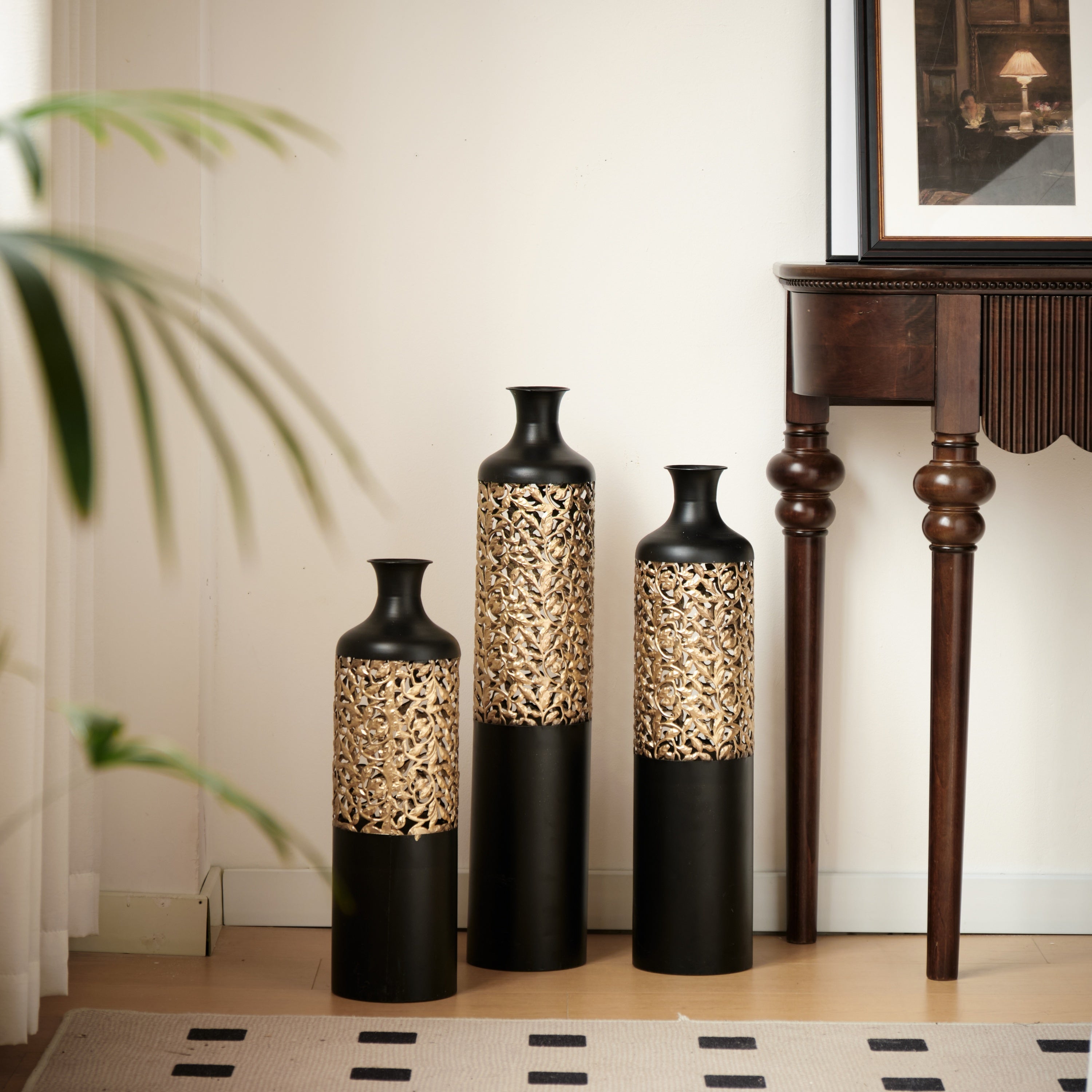 Floor Metal Vases Decorated White Metal Vases Set of 3 Gorgeous Home Decoration Large Glazed Metal Vases 20.8in/24.8in/28.7in Height