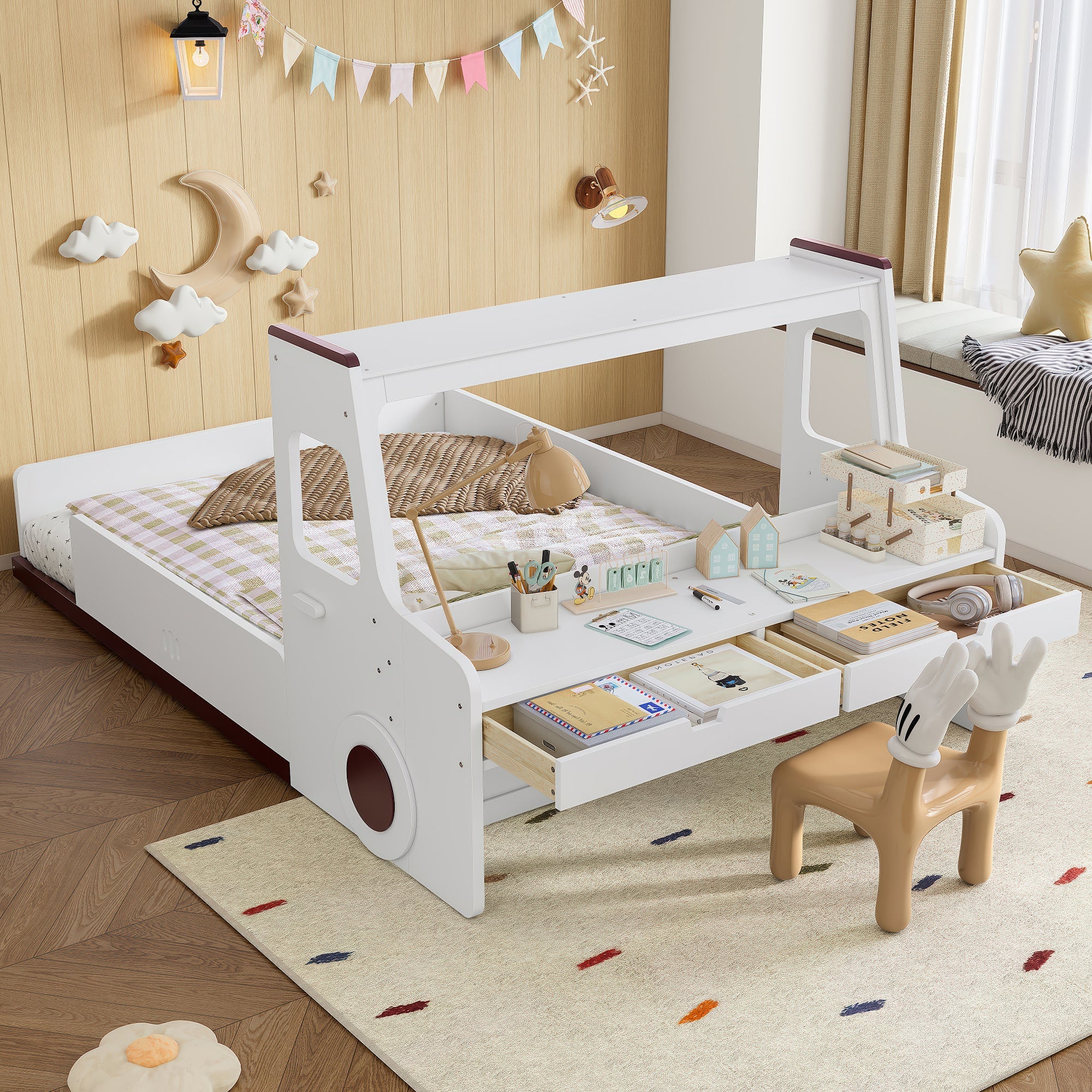Full Size Floor Bed with Interesting Car-shape Design, Kids Car Floor Bed with Storage Drawers, Window, and Desk, Childlike Design, White