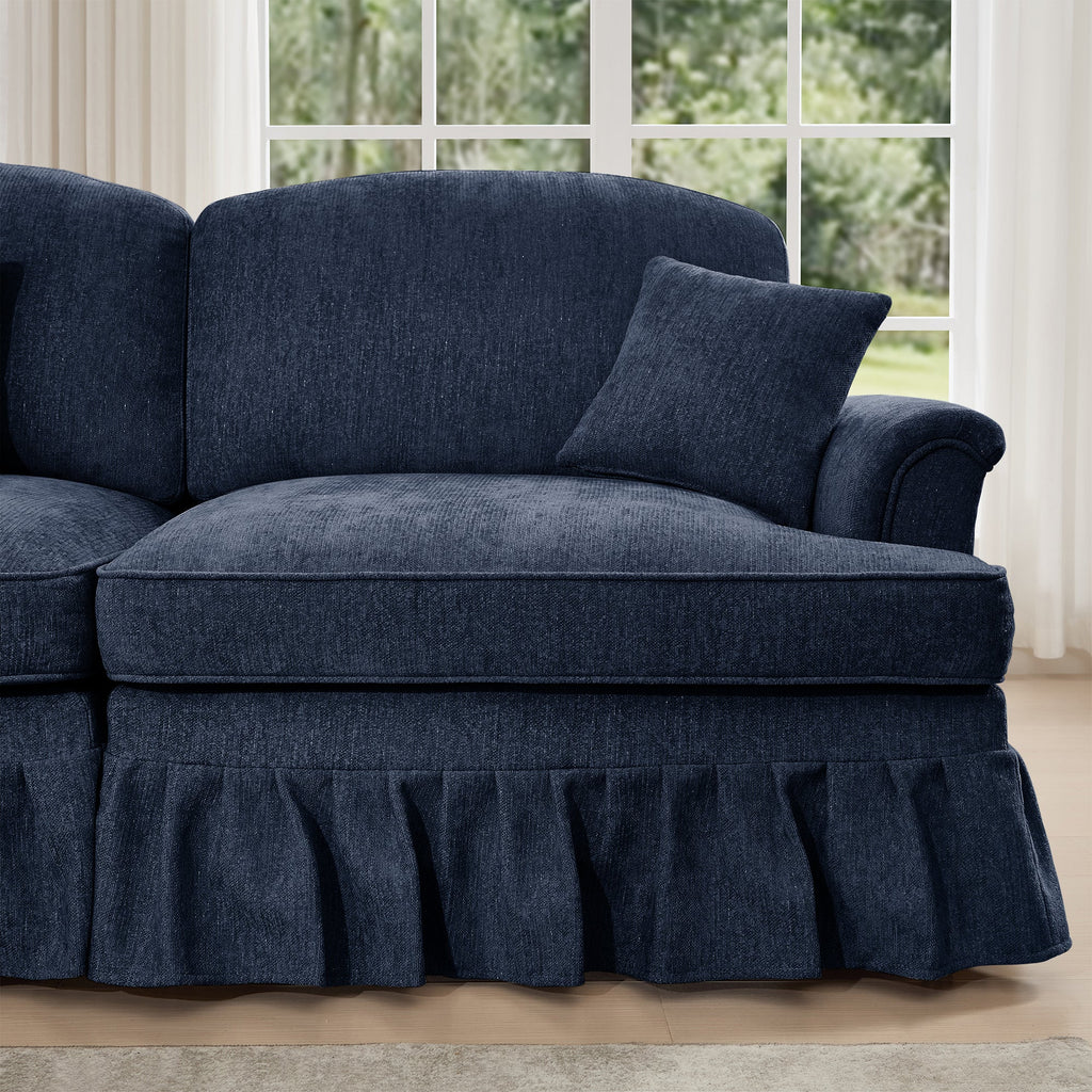 Classic Three Seater Modular L Shaped Sectional Couch with Flared Arms and Removable Ruffles Pleats Skirts and Spindle Legs, Comfy Chenille Four-Seat Deep Seat Sofa with Movable Ottoman, Blue