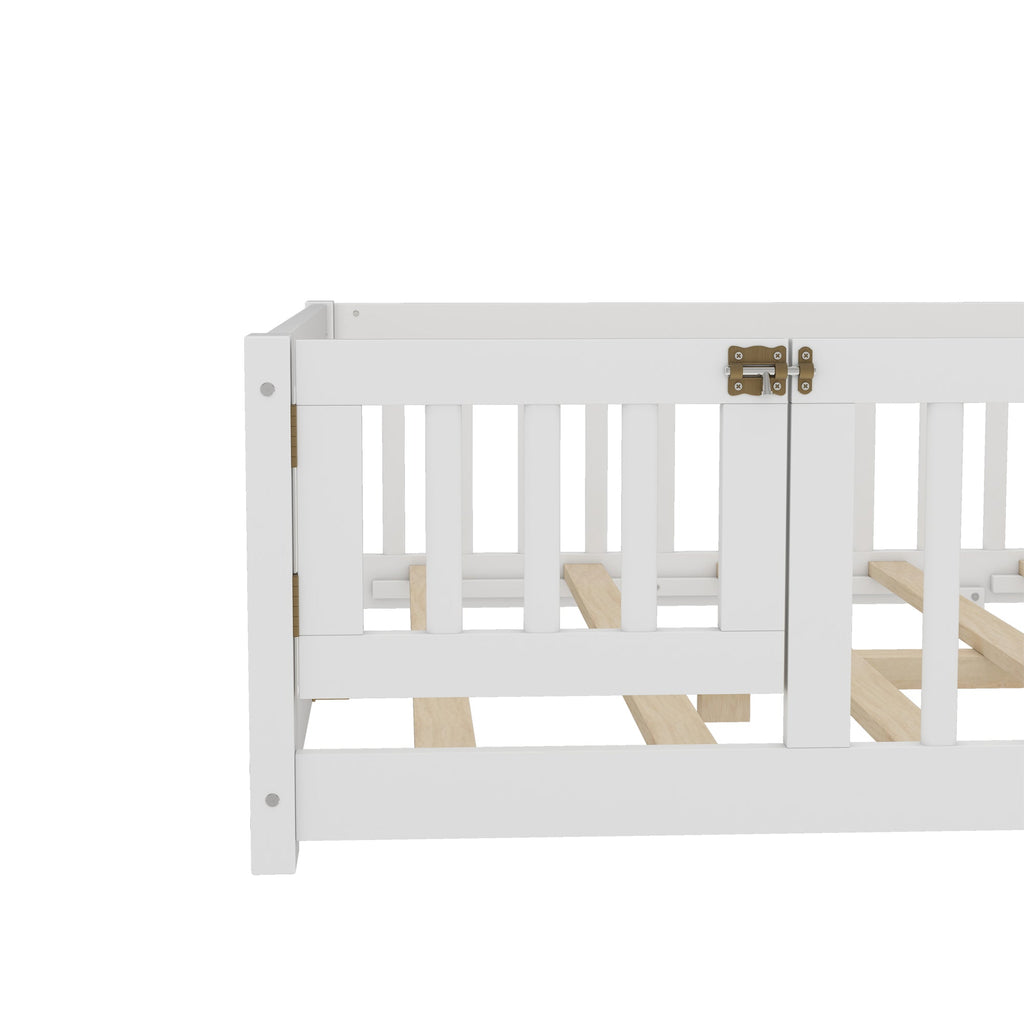 Full Size Bed Floor Bed with Safety Guardrails and Door for Kids, White(Old SKU: W1580P154625)