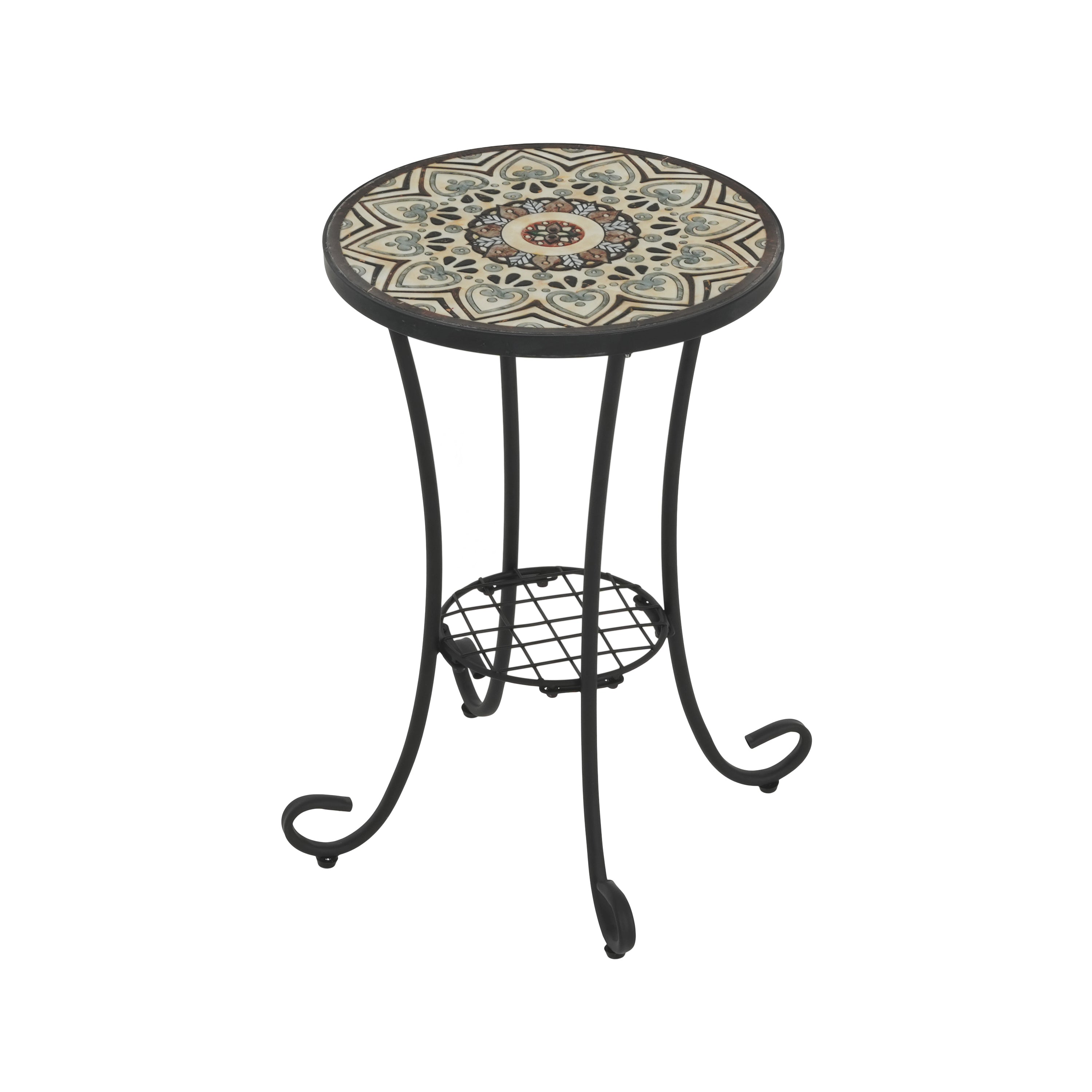 Ceramic Tile and Iron Patio Side Table with Shelf, Brown and Black, 14-inch Diameter