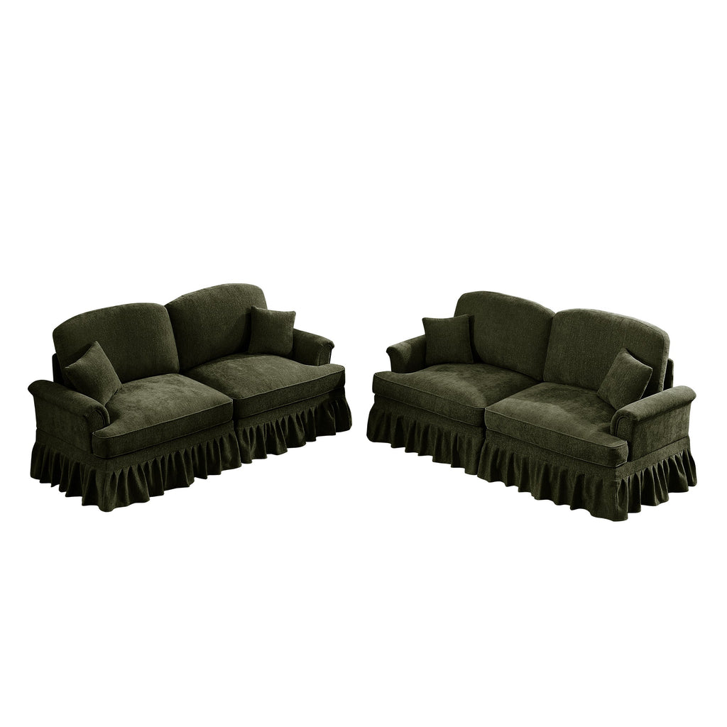 Classic 2 Piece Modular Couch Living Room Sofa Set with Flared Arms and Removable Ruffles Pleats Skirts and Spindle Legs, 2 Seater Sofa + 2-Seat Loveseat Sofa Sets for Living Room,Green