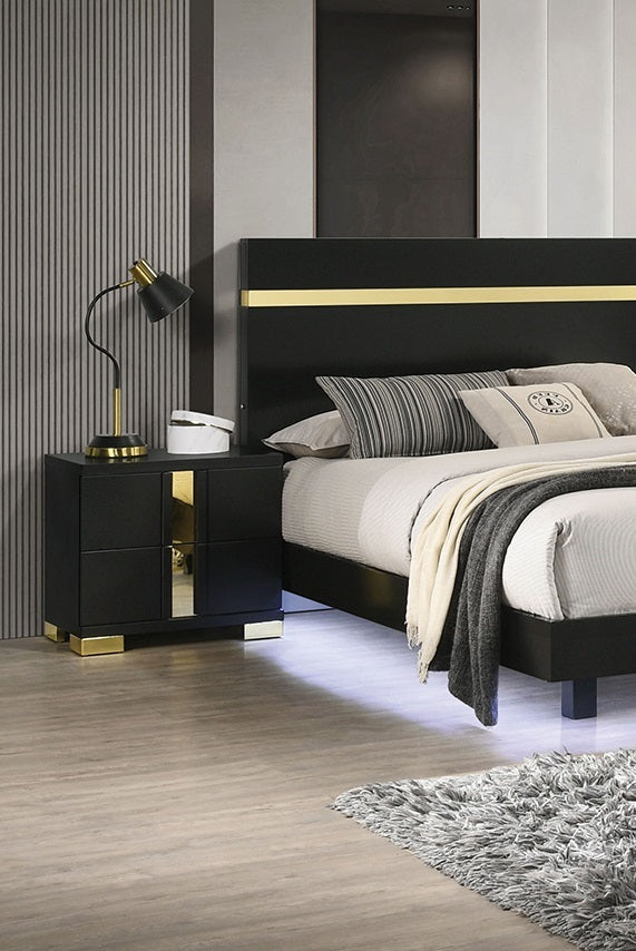 Modern Black 3pc Bedroom Set Queen Size Bed w LED 2x Nightstands Mattress Ready Furniture Acrylic Trim