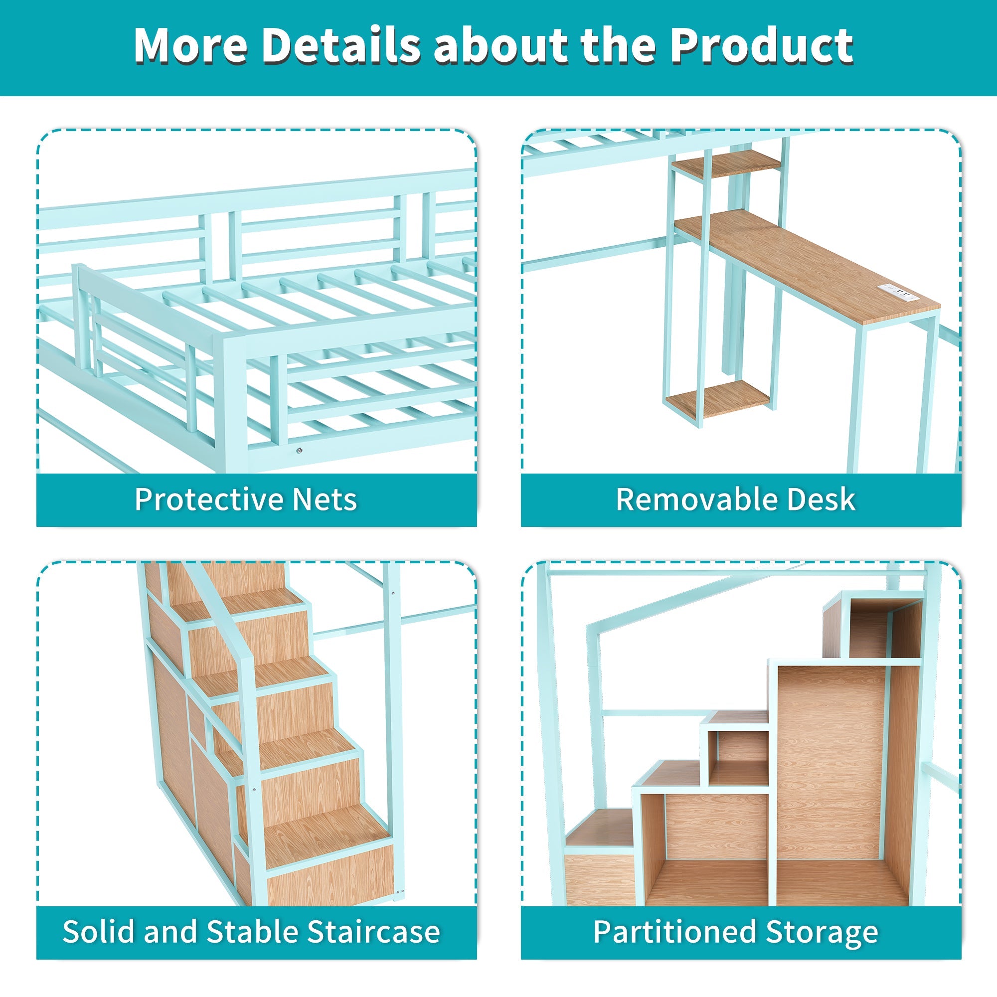 Heavy Metal Frame Full Loft Bed with Desk & Storage, 4 Cabinets, Staircase, Rack Space-Saver for Kids/Teens, Green Color