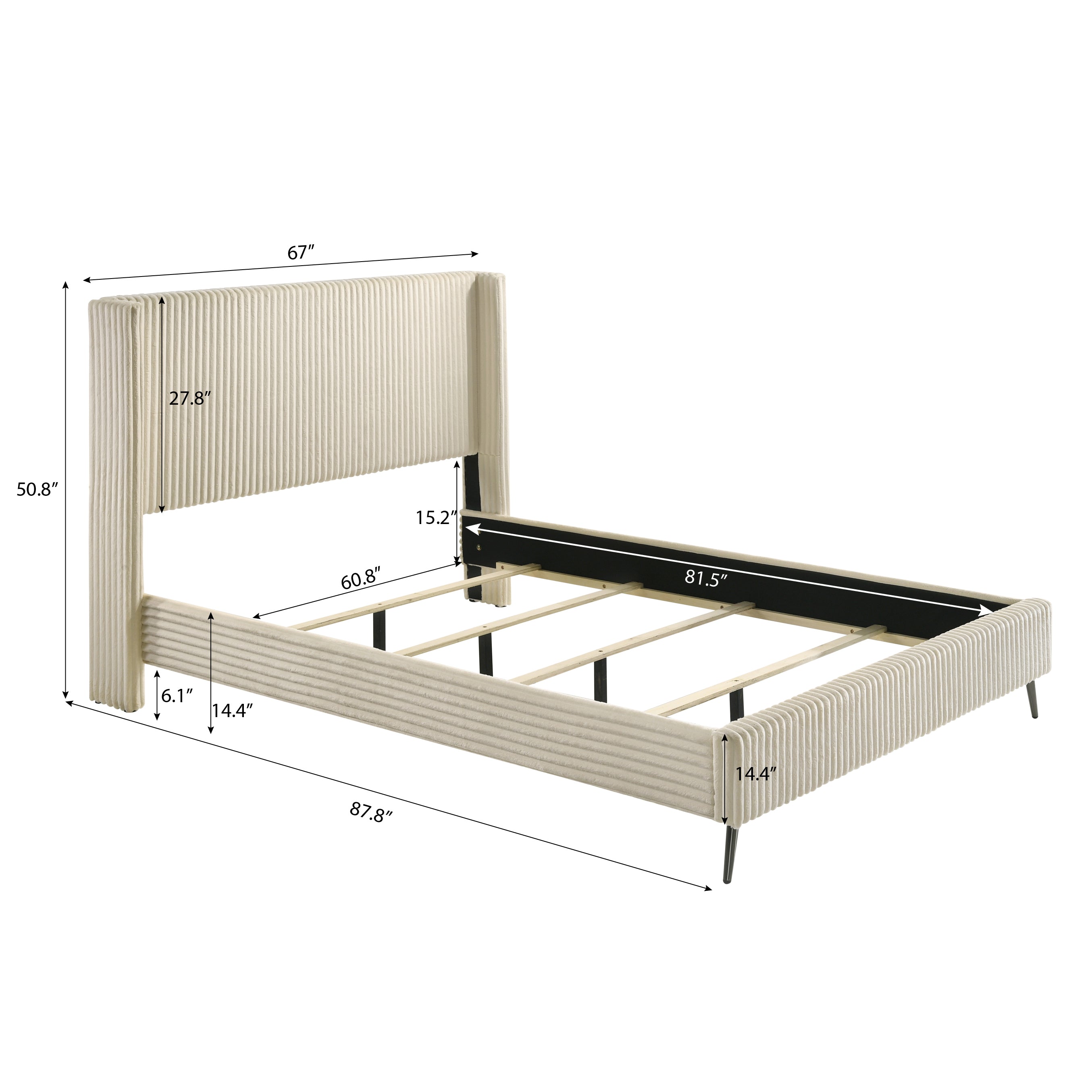 Mavela Wide Wale Corduroy Upholstery Panel Queen Bed with 2 Nightstands and Bench, Cream