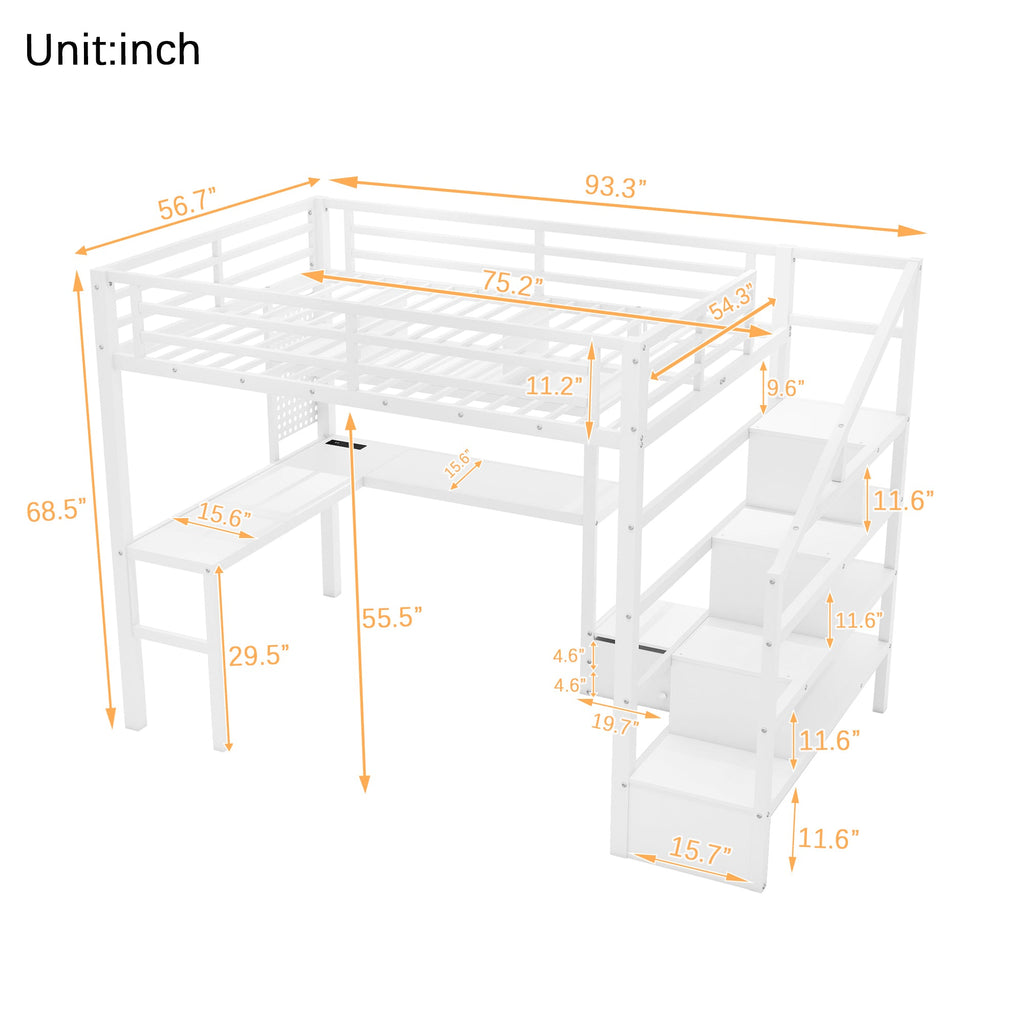 Full Size Loft Bed with LED Light & Charge Station, Metal Loft Bed with Desk and Staircase, Loft bed with Wardrobe for Kids, White (Expect Arrival Date 2025/4/30)