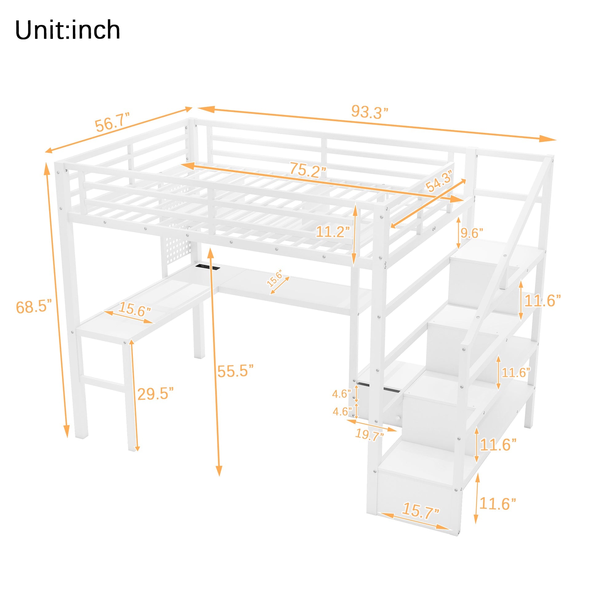 Full Size Loft Bed with LED Light & Charge Station, Metal Loft Bed with Desk and Staircase, Loft bed with Wardrobe for Kids, White (Expect Arrival Date 2025/4/30)
