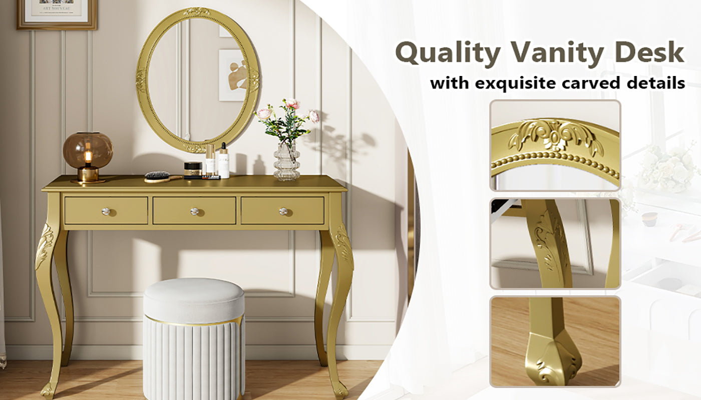 Luxury Makeup Vanity Desk with Oval Mirror, 3-Drawer Dressing Table for Jewelry Storage, Elegant Console Table for Entryway, Living Room & Bedroom, Stylish Home Decor,Gold