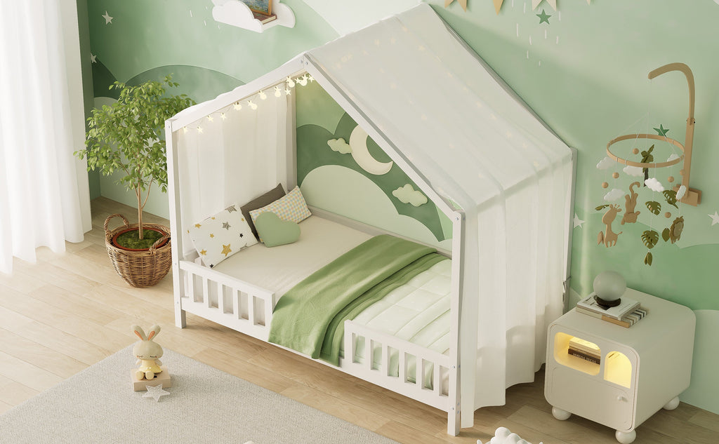 Montessori Floor Bed with Canopy, Twin Bed Frame for Kids, House Shape Kids Bed Frame with High Railings, Wood Kids Bed with Roof, Kid Twin Bed, White