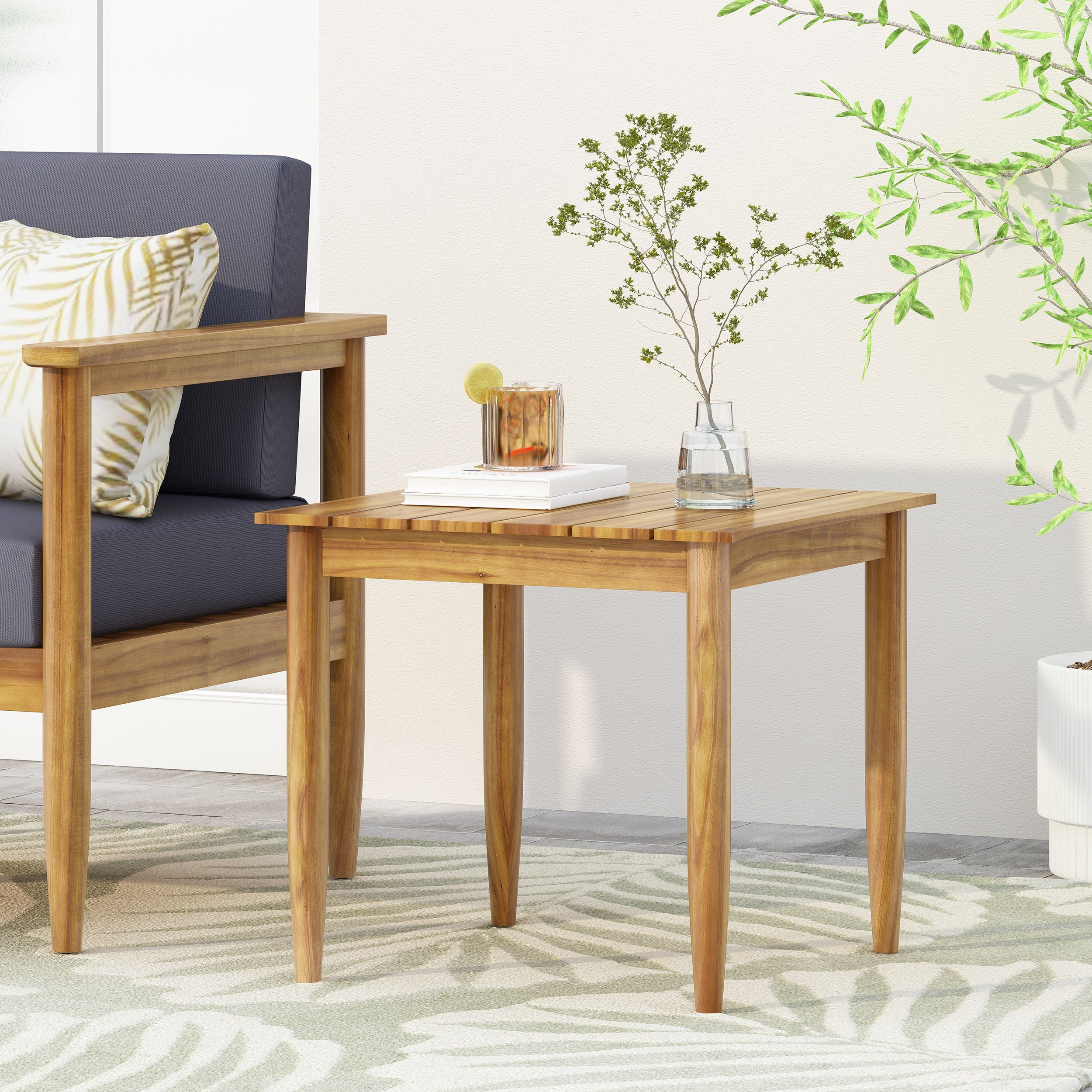 Outdoor Square Side Table with Slatted Top and Wood Frame, Teak