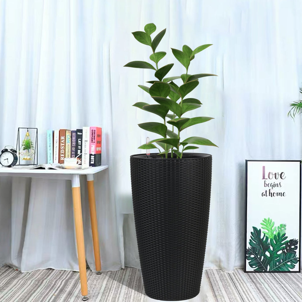 Faux Rattan Tall Planters Set with Water Level Monitor and Auto Watering, Black, Polypropylene, 22 Inch