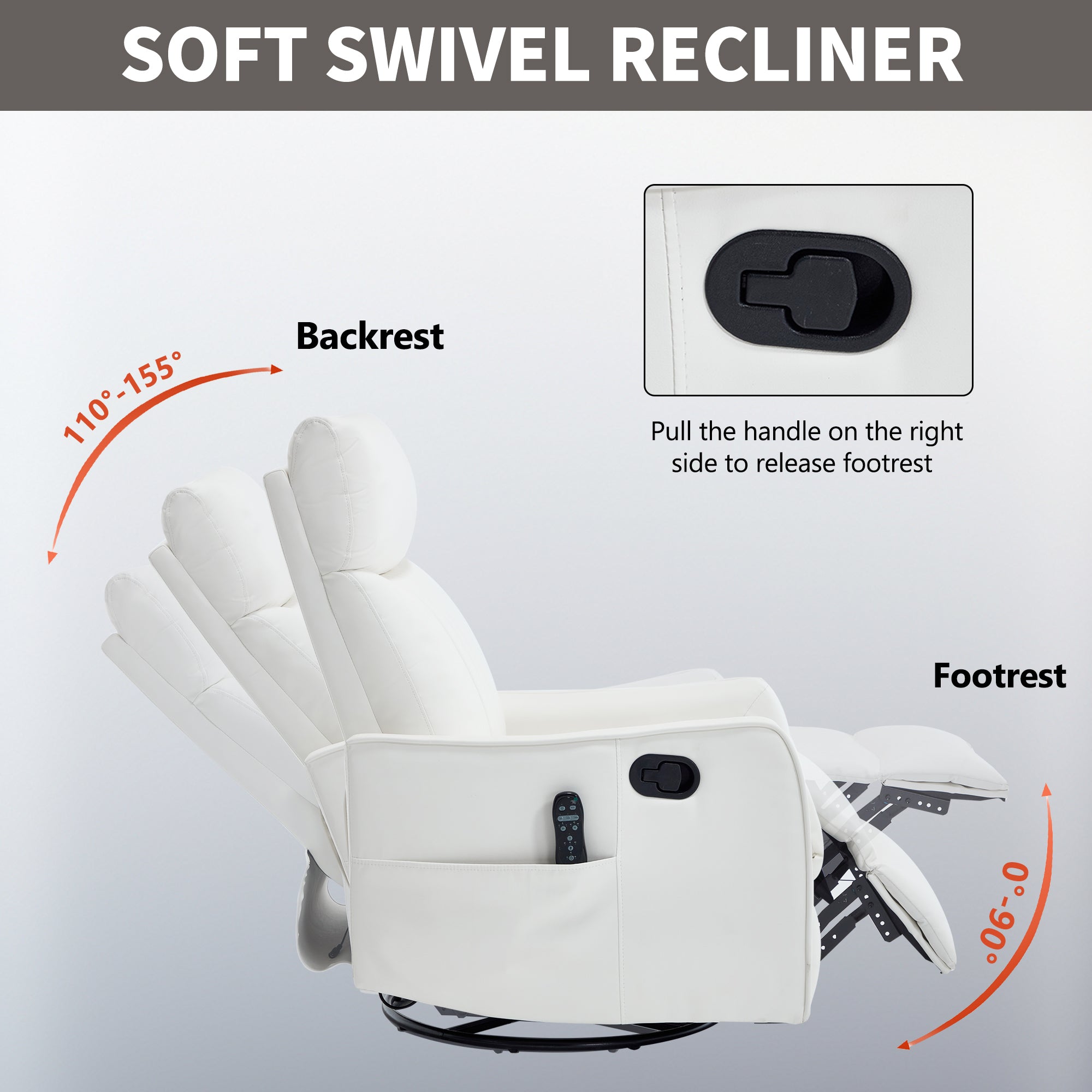 White Heat Massage Manual Recliner Chair with Rocker and Swivel in Faux Leather for Living Room
