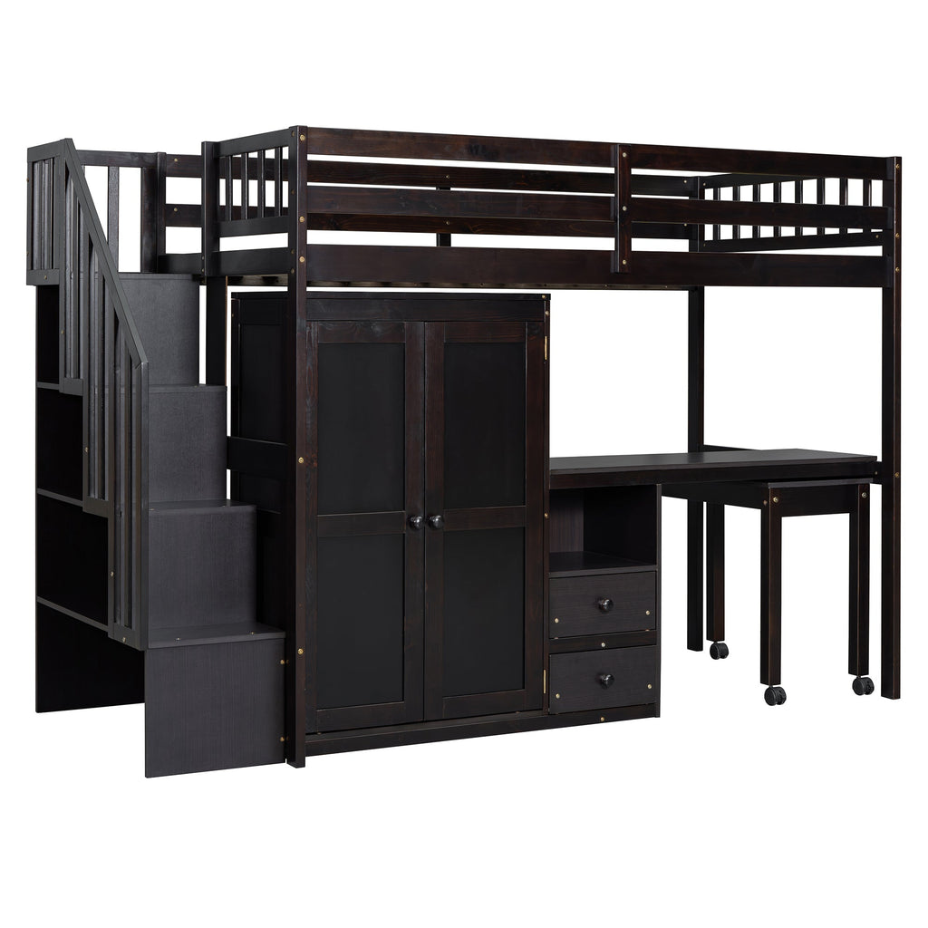 Twin Size Loft Bed with Stairs, Bookshelf, Drawers, Desk & Wardrobe – Space-Saving Multifunctional Furniture for Kids & Teens-Espresso