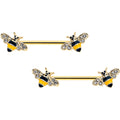 14G 3/4 Clear CZ Gem Gold Tone Bee Luv Barbell Nipple Ring Set