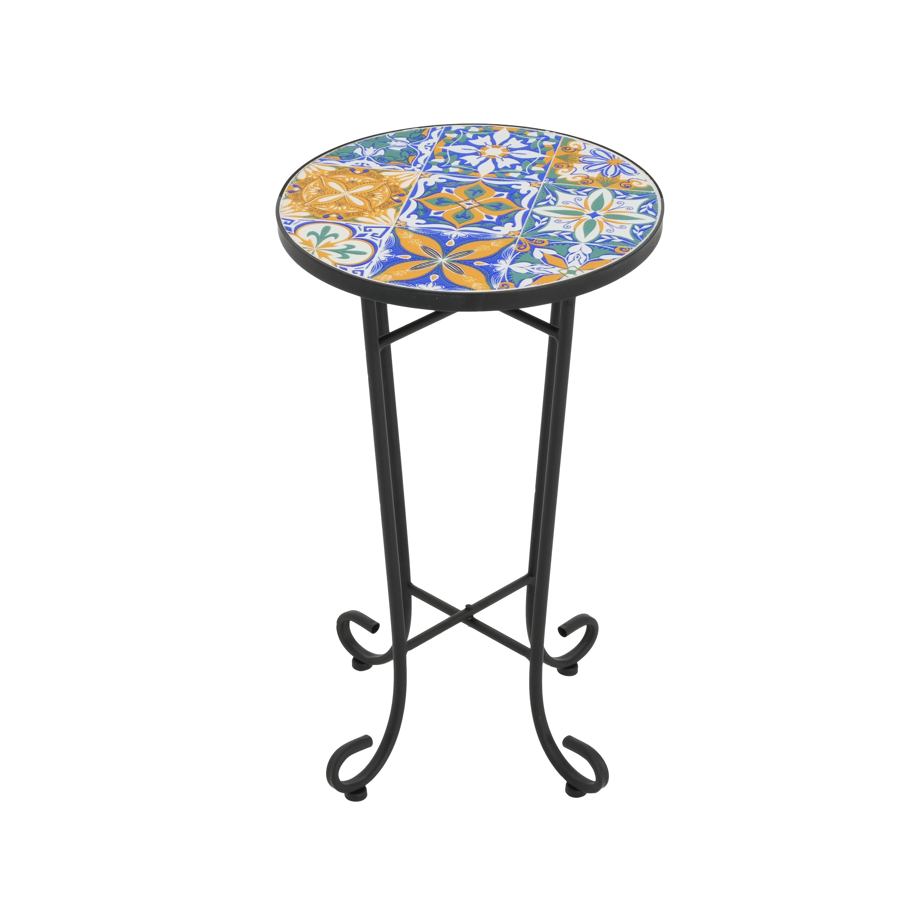 Vibrant French Country Patio Side Table with Colorful Ceramic Tile and Black Iron Frame