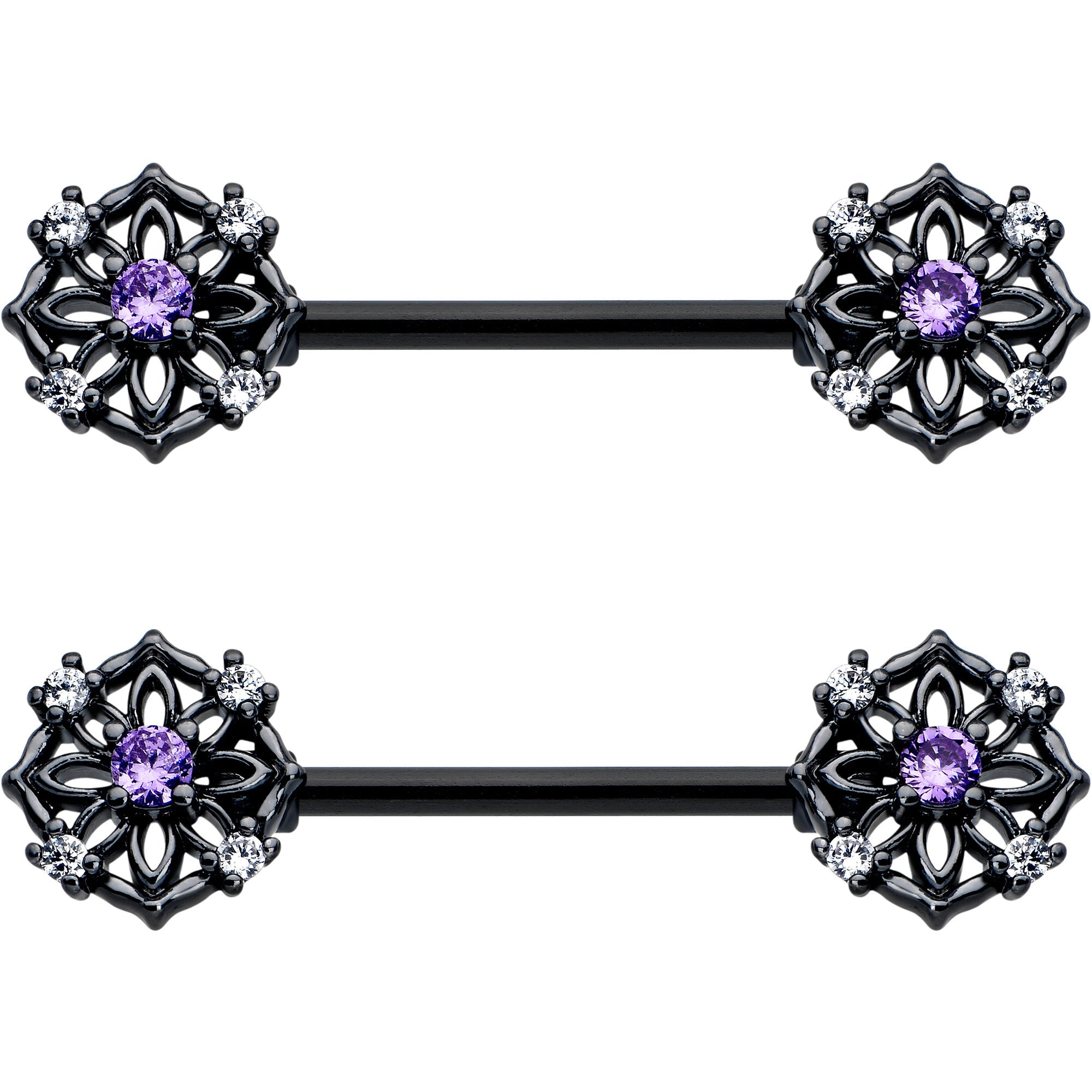 14G 9/16 Purple CZ Gem Black Flower Ring Barbell Nipple Ring Set