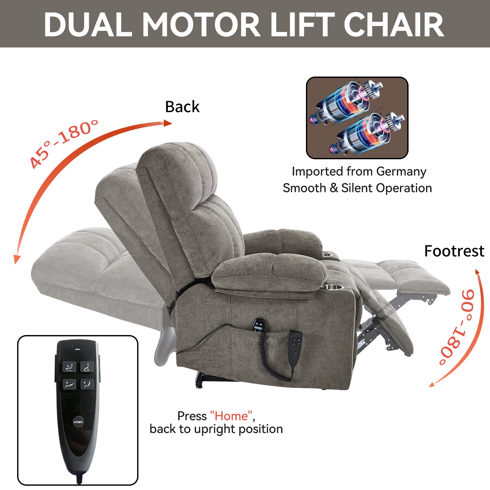 Brown Dual Motor Infinite Position Up to 350 LBS Chenille Power Lift Recliner Chair, Heavy Duty Motion Mechanism with 8-Point Vibration Massage and Lumbar Heating, Dual Cup Holders