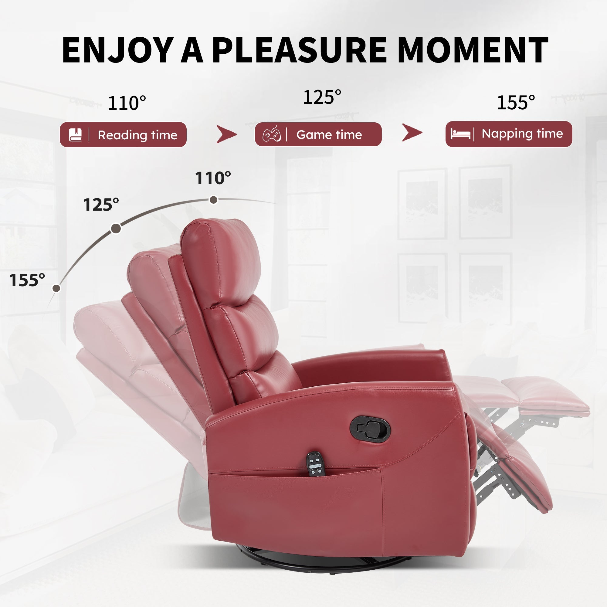 Heat Massage Manual Recliner Chair with Rocker and Swivel in Fabric for Living Room, Red