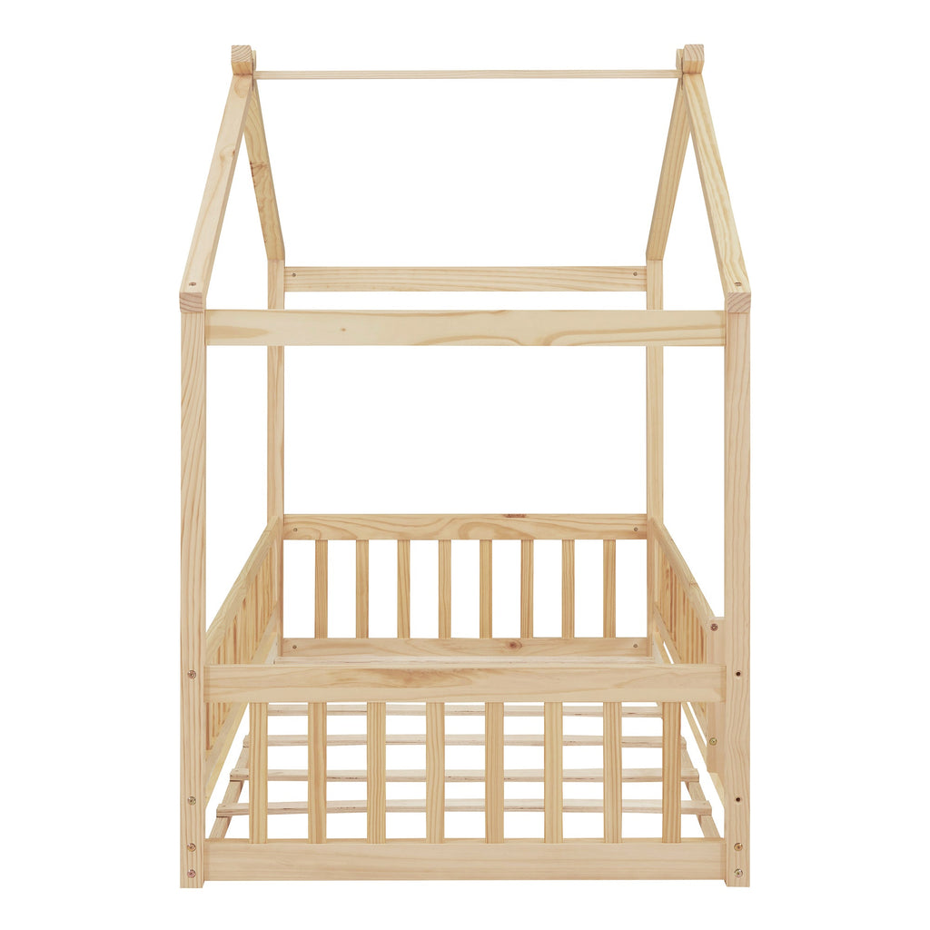 Twin Size Wood Bed House Bed Frame with Fence, for Kids, Teens, Girls, Boys,Natural