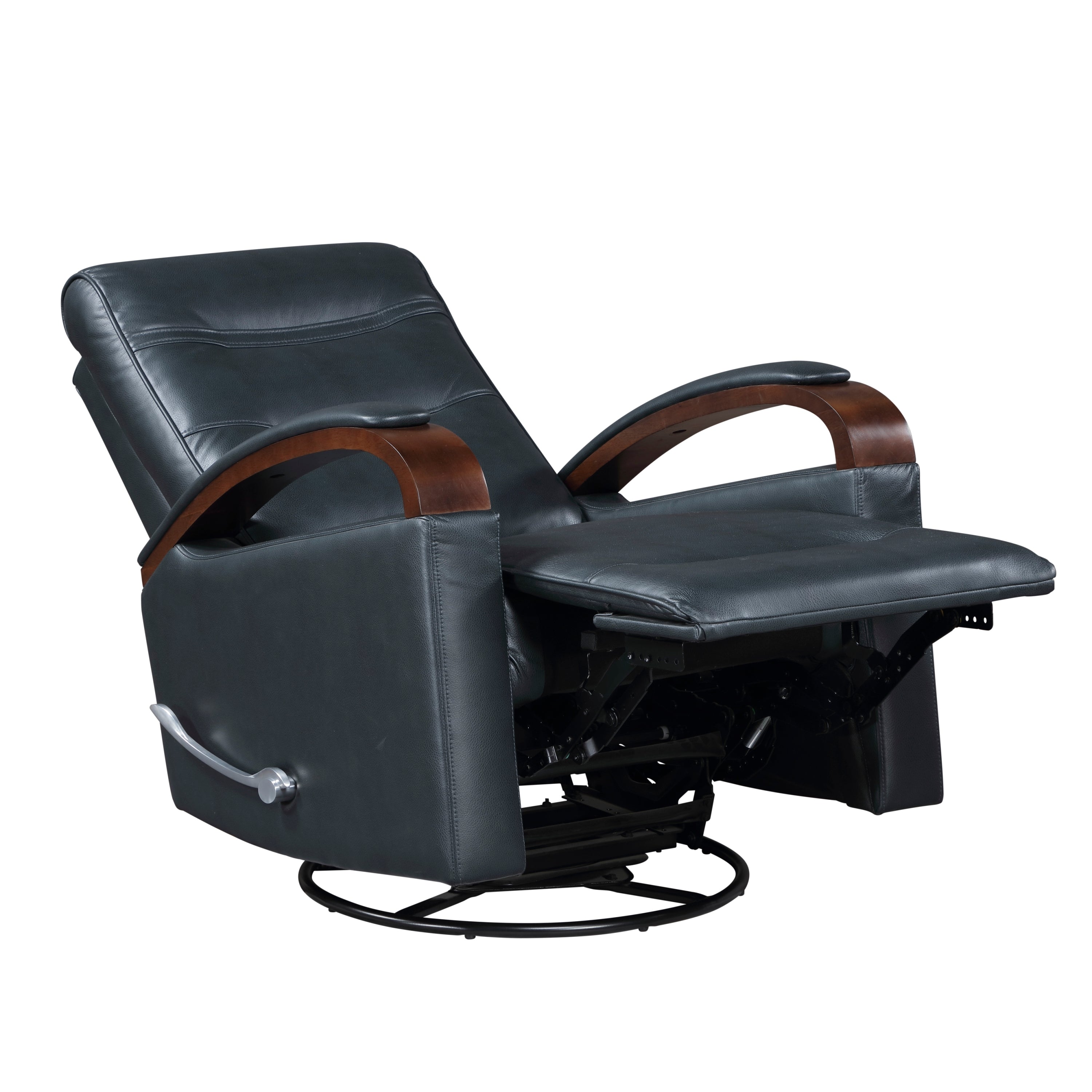 1pc Swivel Gliding Recliner Faux Leather Upholstered Solid Rubberwood Arms Luxurious Living Room Furniture, Navy