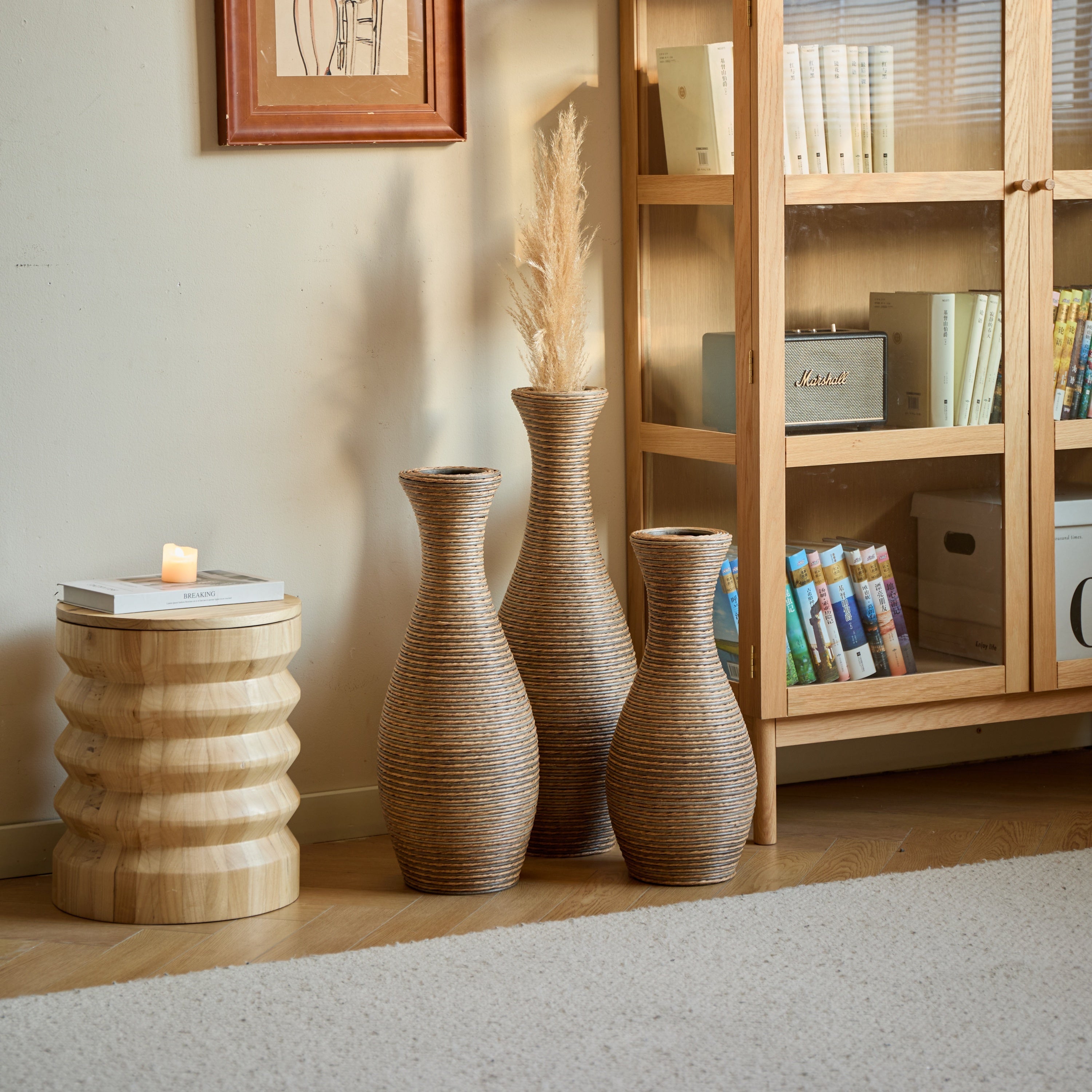3-Piece Artificial Rattan Floor Vase Set – Decorative Accent for Living Room, Hallway & Entryway, Ideal for Dried or Silk Flower Arrangements, Beige