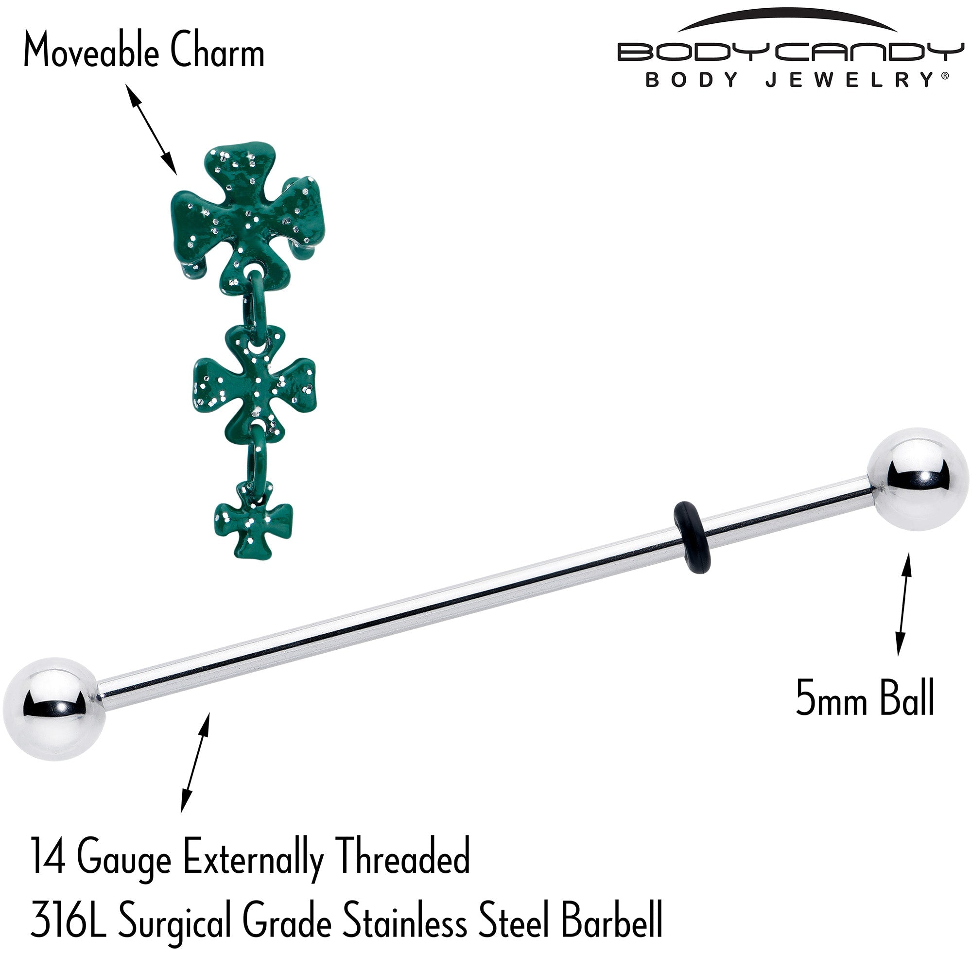 14G Polka Dot Shamrock St Patricks Dangle Industrial Barbell 38mm