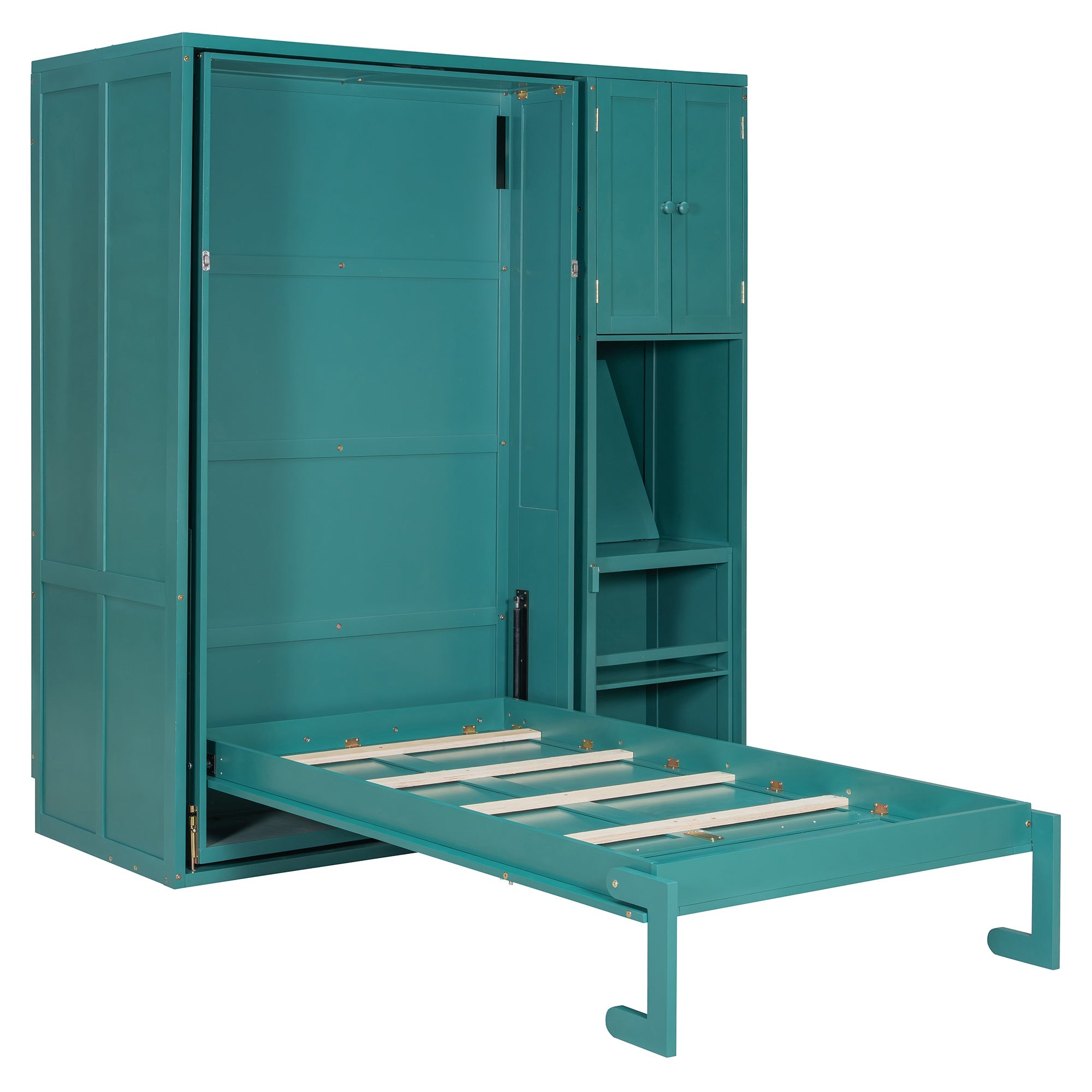 Twin Size Rotating Wall Murphy Beds with Bookshelf, Top Cabinet, Extendable Desk & Side Storage, Teal
