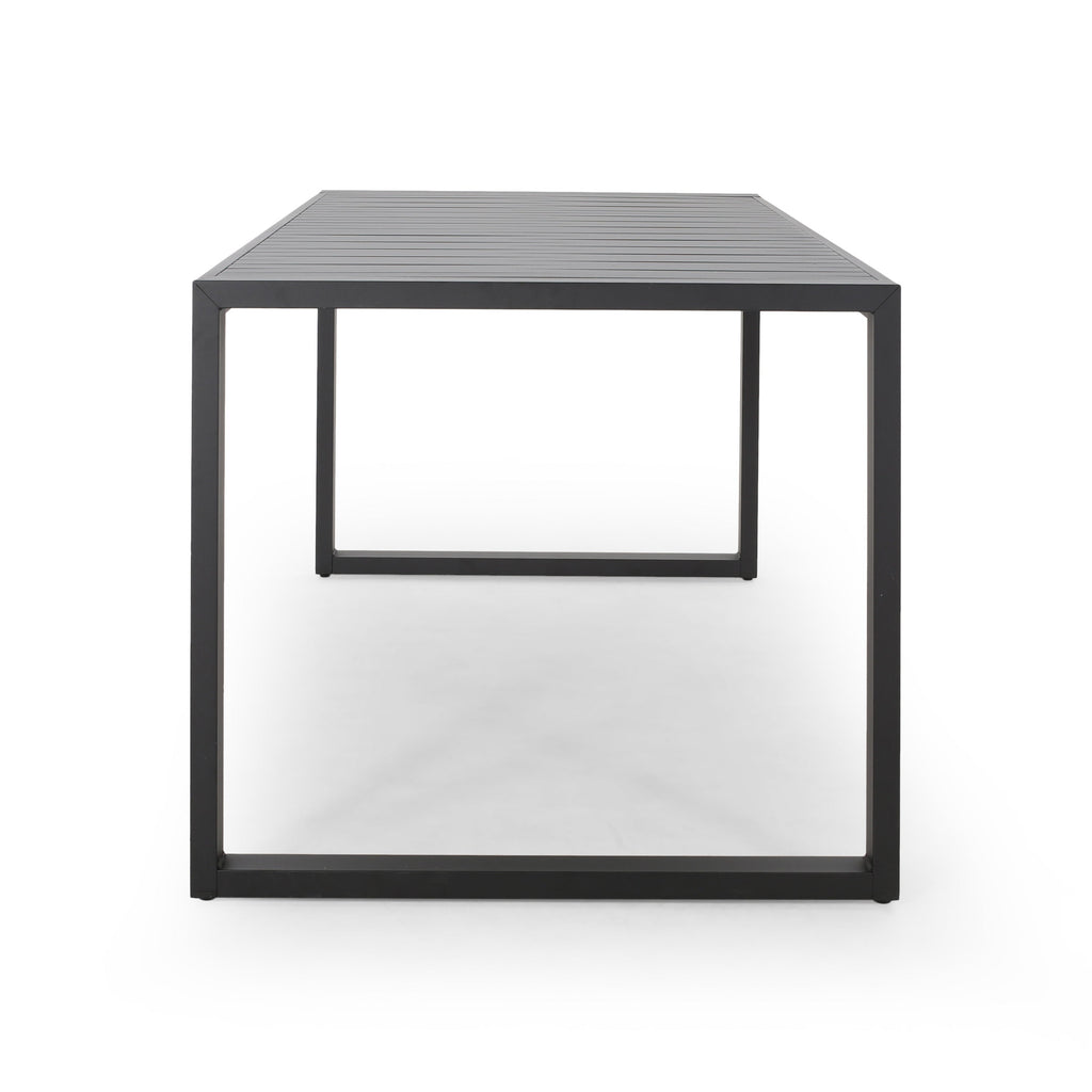 Modern Outdoor Dining Table with Black Aluminum Frame, Slatted Top, and U-Shaped Legs – 70' x 35'
