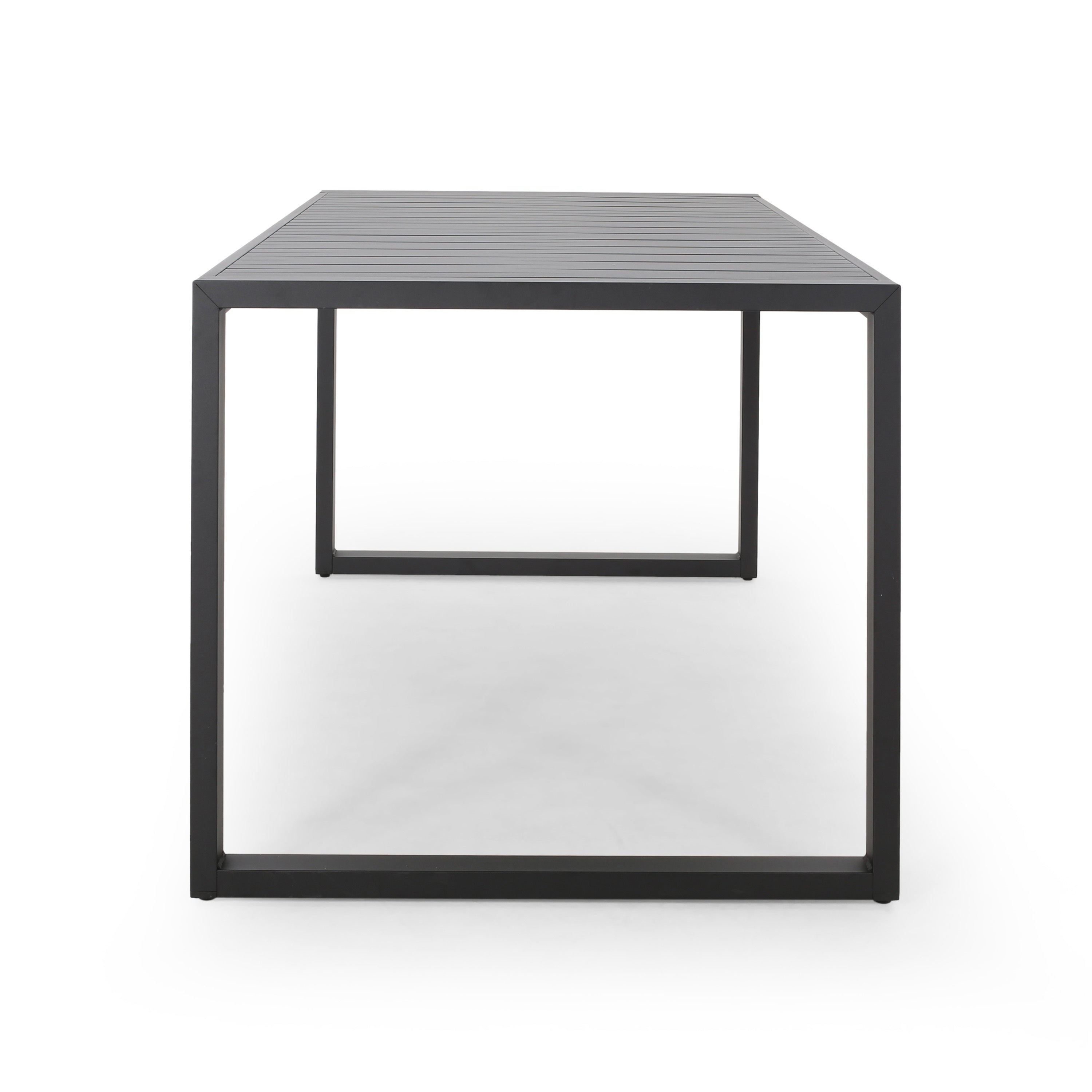 Modern Outdoor Dining Table with Black Aluminum Frame, Slatted Top, and U-Shaped Legs – 70' x 35'