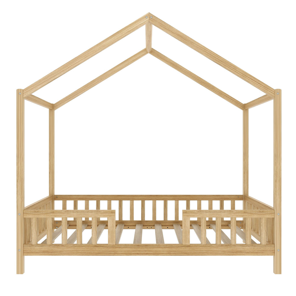 Montessori Floor Bed with Canopy, Twin Bed Frame for Kids, House Shape Kids Bed Frame with High Railings, Wood Kids Bed with Roof, Kid Twin Bed, Natural