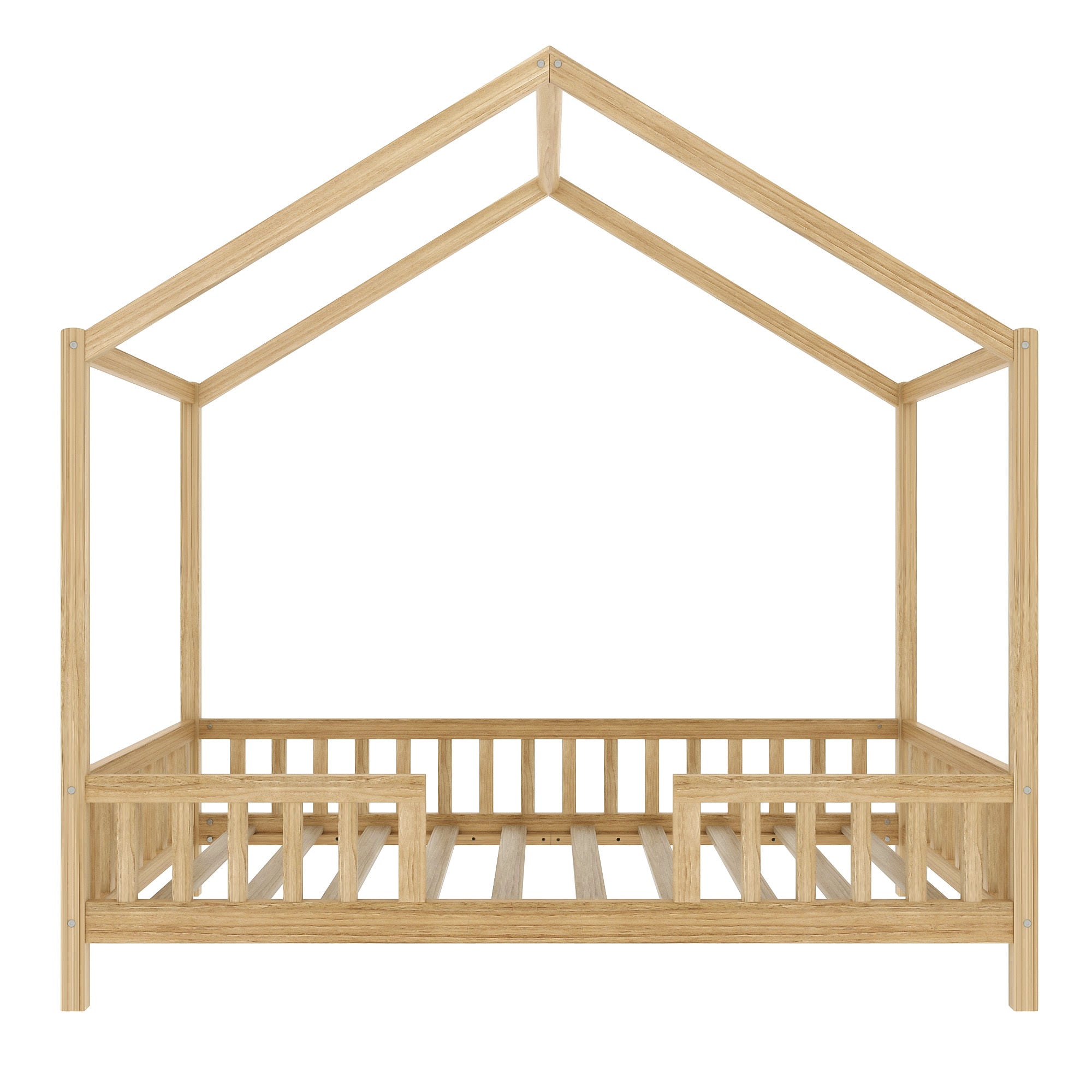 Montessori Floor Bed with Canopy, Twin Bed Frame for Kids, House Shape Kids Bed Frame with High Railings, Wood Kids Bed with Roof, Kid Twin Bed, Natural