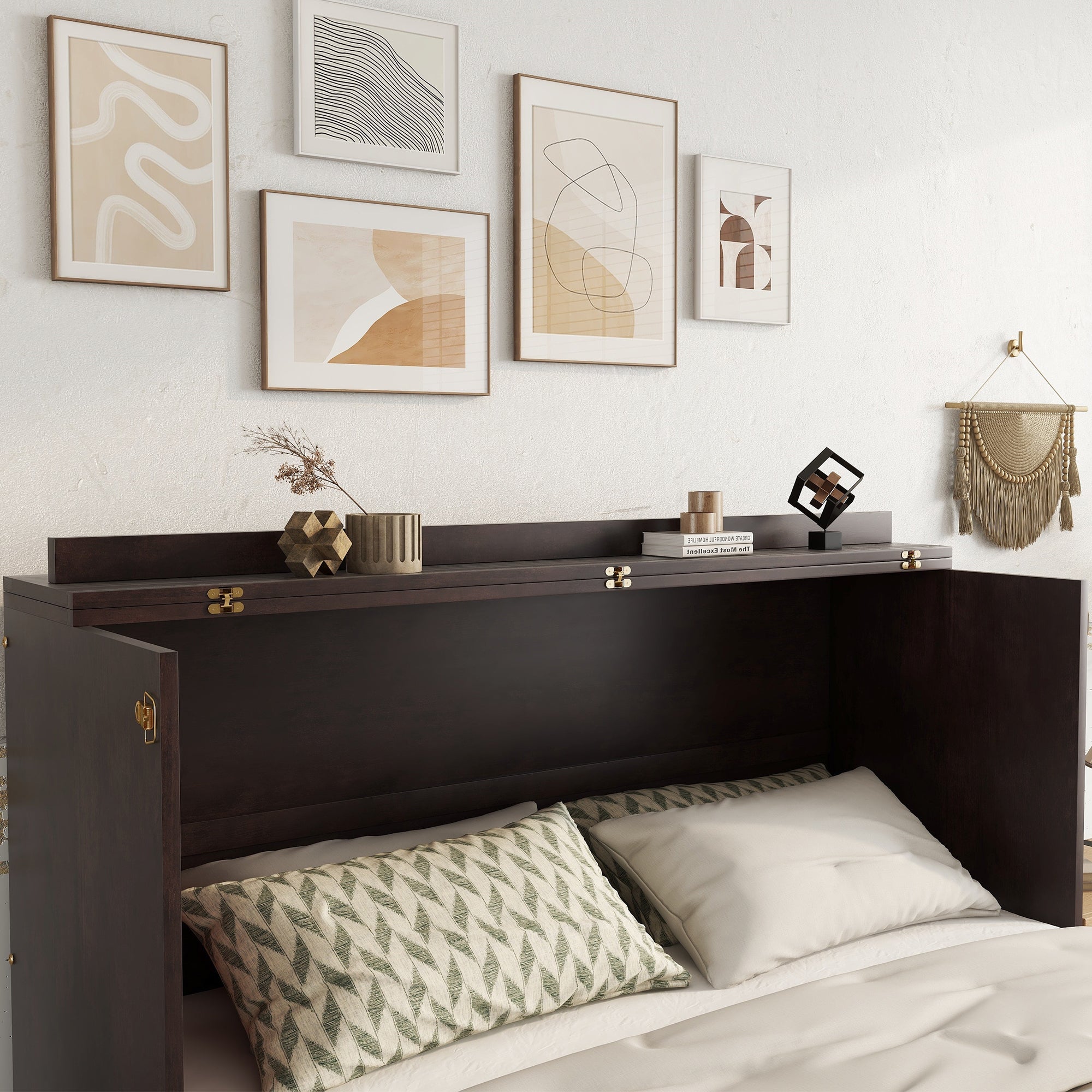 Queen Size Murphy Bed, Pine Wood Cabinet Bed with Power Station and Rattan Decoration Panel,Espresso